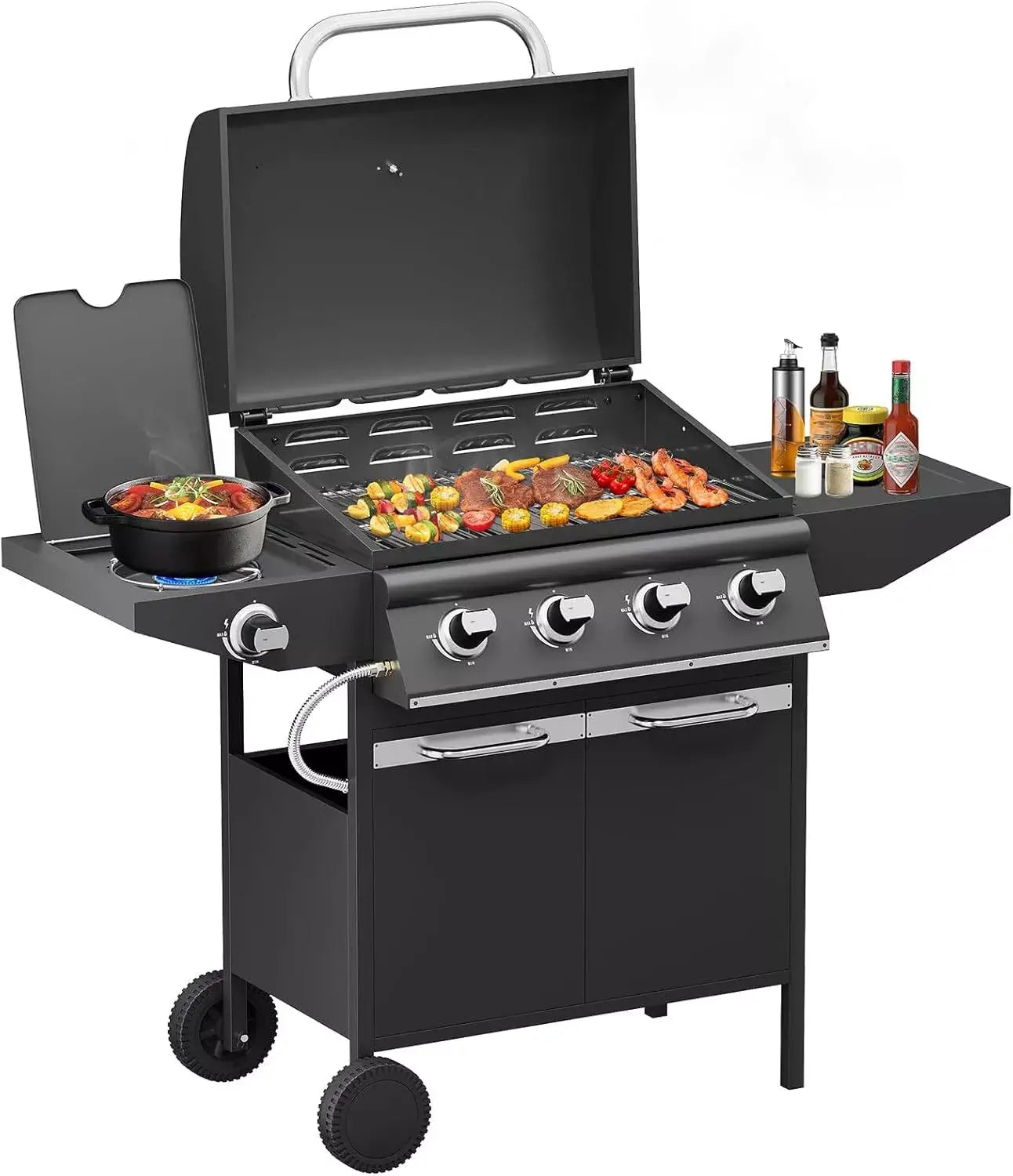 15kW Gasgrill BBQ Grillwagen mit 4+1 Brennern und Seitenkocher