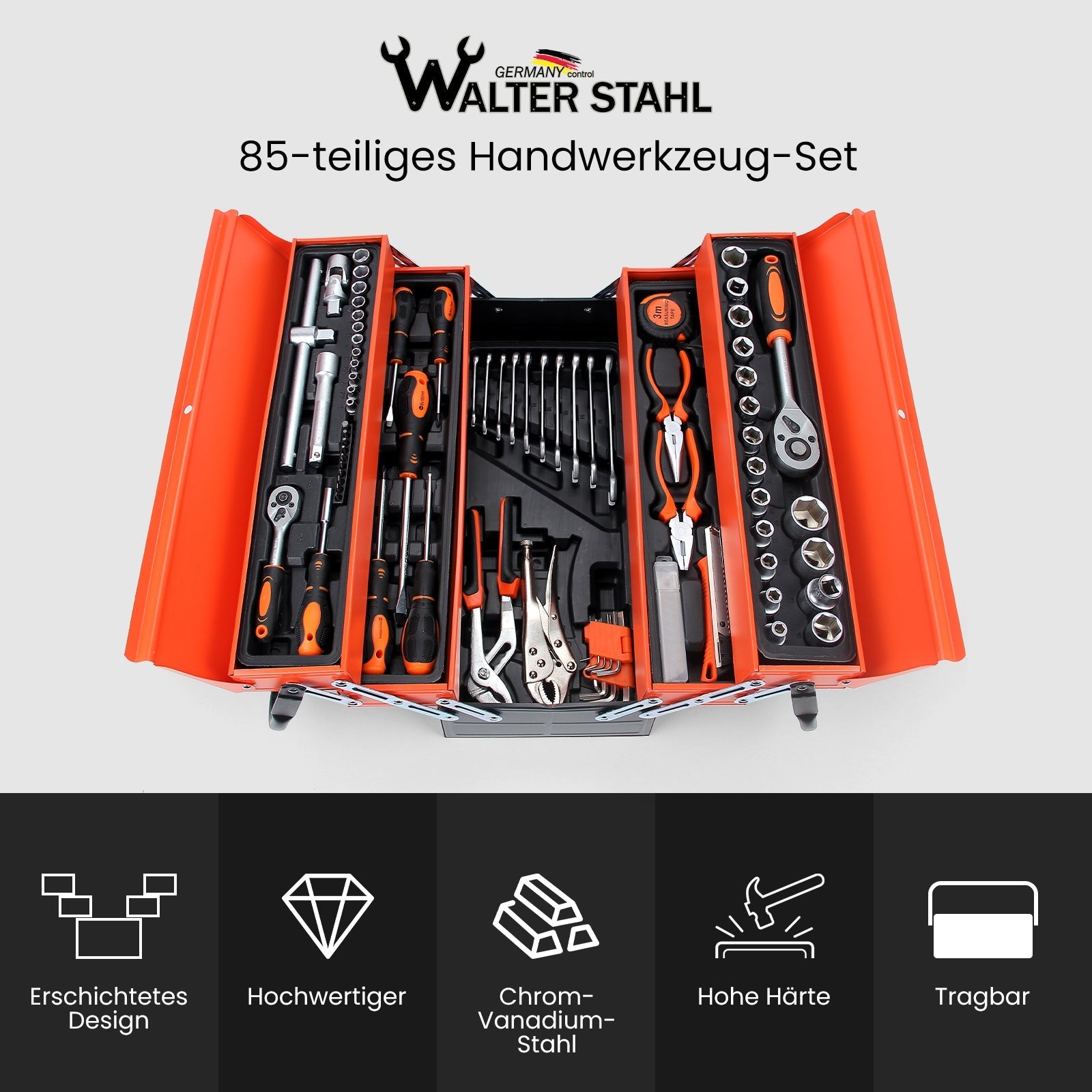 85-teiliges Werkzeugset aus Chrom-Vanadium: Robuster Metall-Etagenkoffer für KFZ & Montage