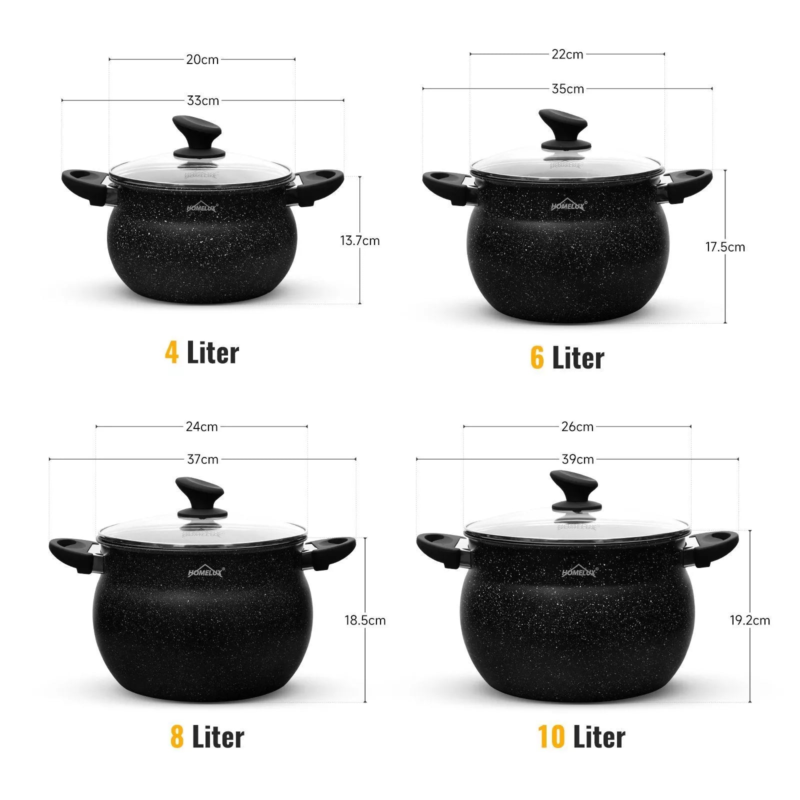 Homelux cooking pots set, induction, non-stick, dishwasher, glass lid, 20cm/4L, 24cm/8L, 28cm/12.5L