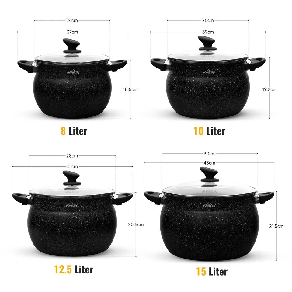 Homelux cooking pots set, induction, non-stick, dishwasher, glass lid, 20cm/4L, 24cm/8L, 28cm/12.5L