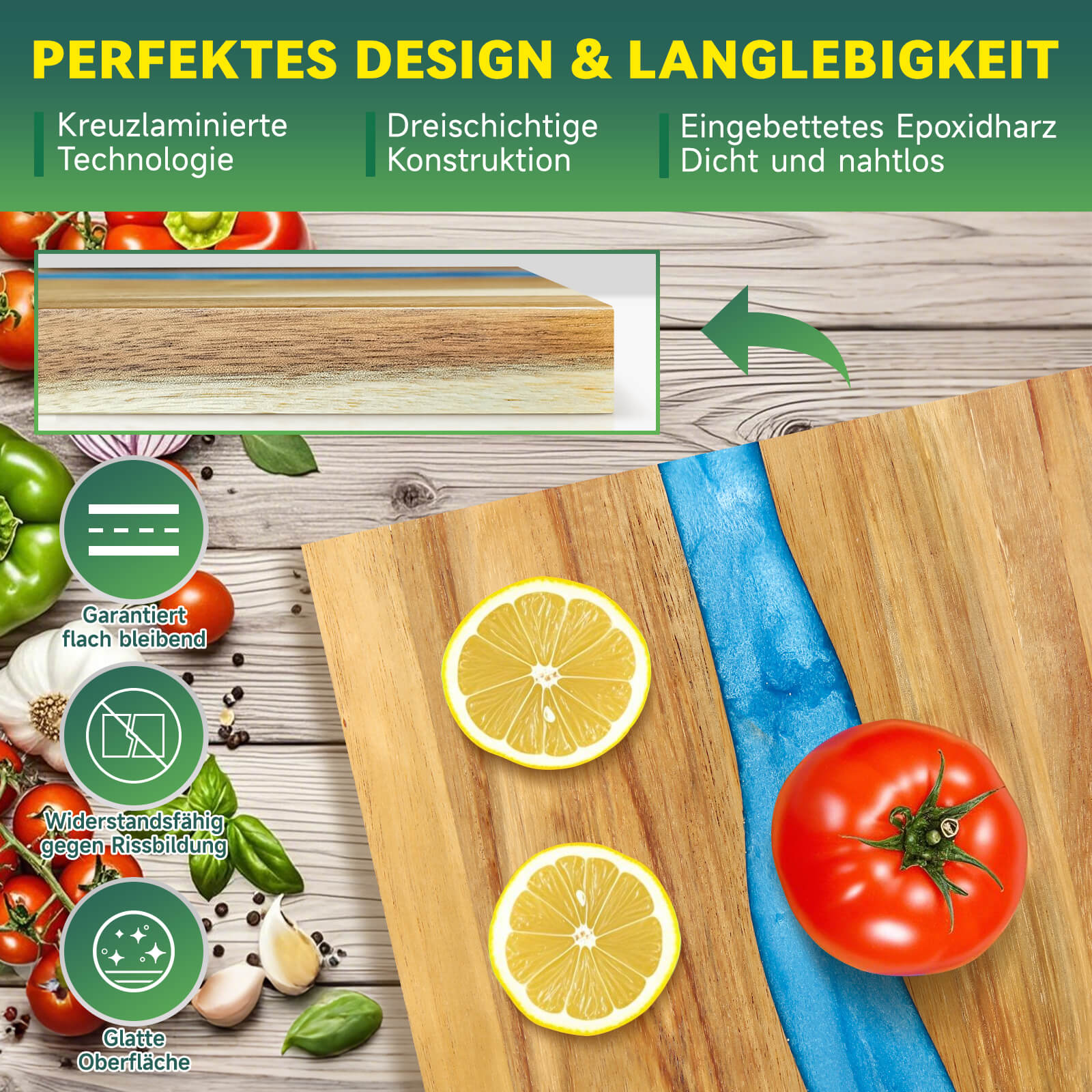 Schneidebrett 30x25 cm – Natürliches Bambus-Epoxy-Schneidebrett für Stil und Funktionalität