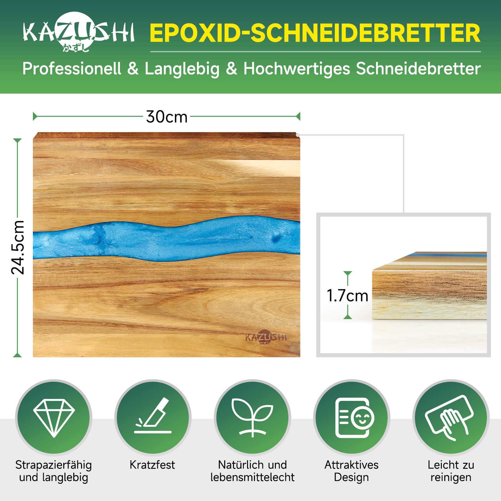 Schneidebrett 30x25 cm – Natürliches Bambus-Epoxy-Schneidebrett für Stil und Funktionalität