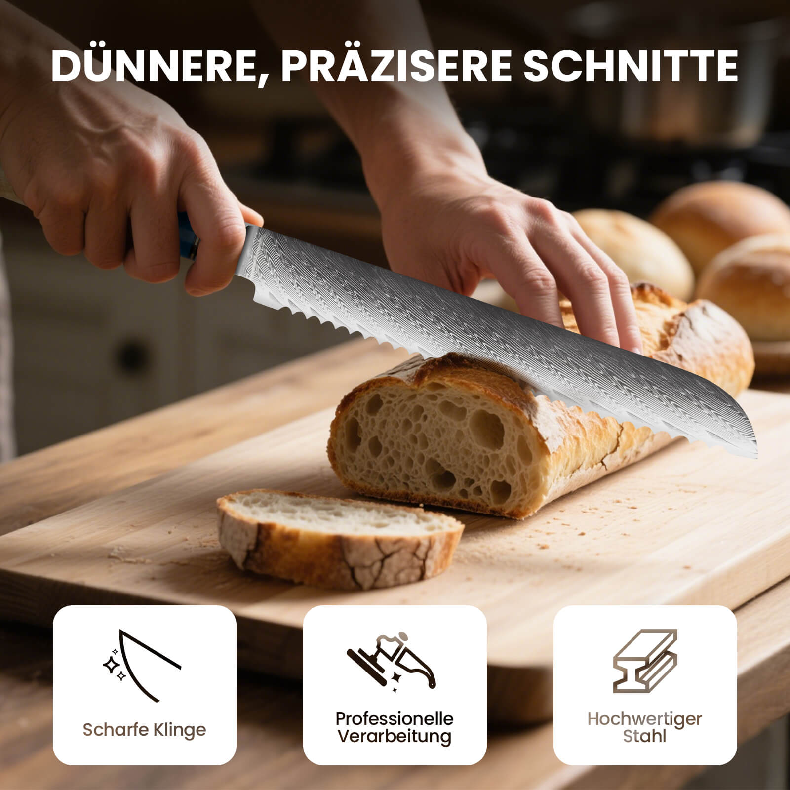 8-Zoll-Brotmesser aus Edelstahl Scharfes Wellenschliffmesser mit ergonomischem Griff, ideal für Brot, Kuchen und weiche Zutaten