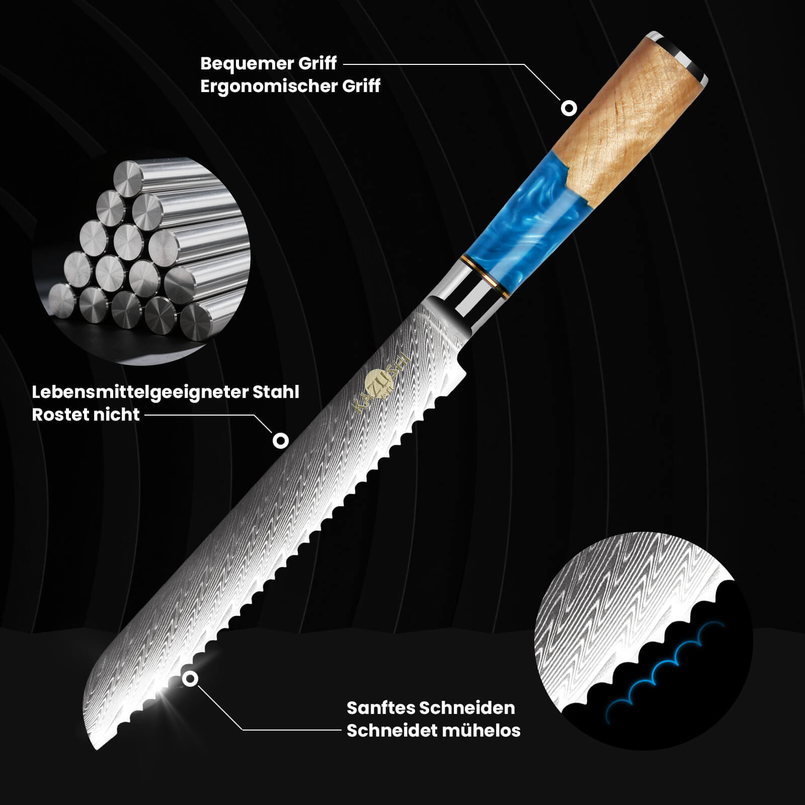 8-Zoll-Brotmesser aus Edelstahl Scharfes Wellenschliffmesser mit ergonomischem Griff, ideal für Brot, Kuchen und weiche Zutaten