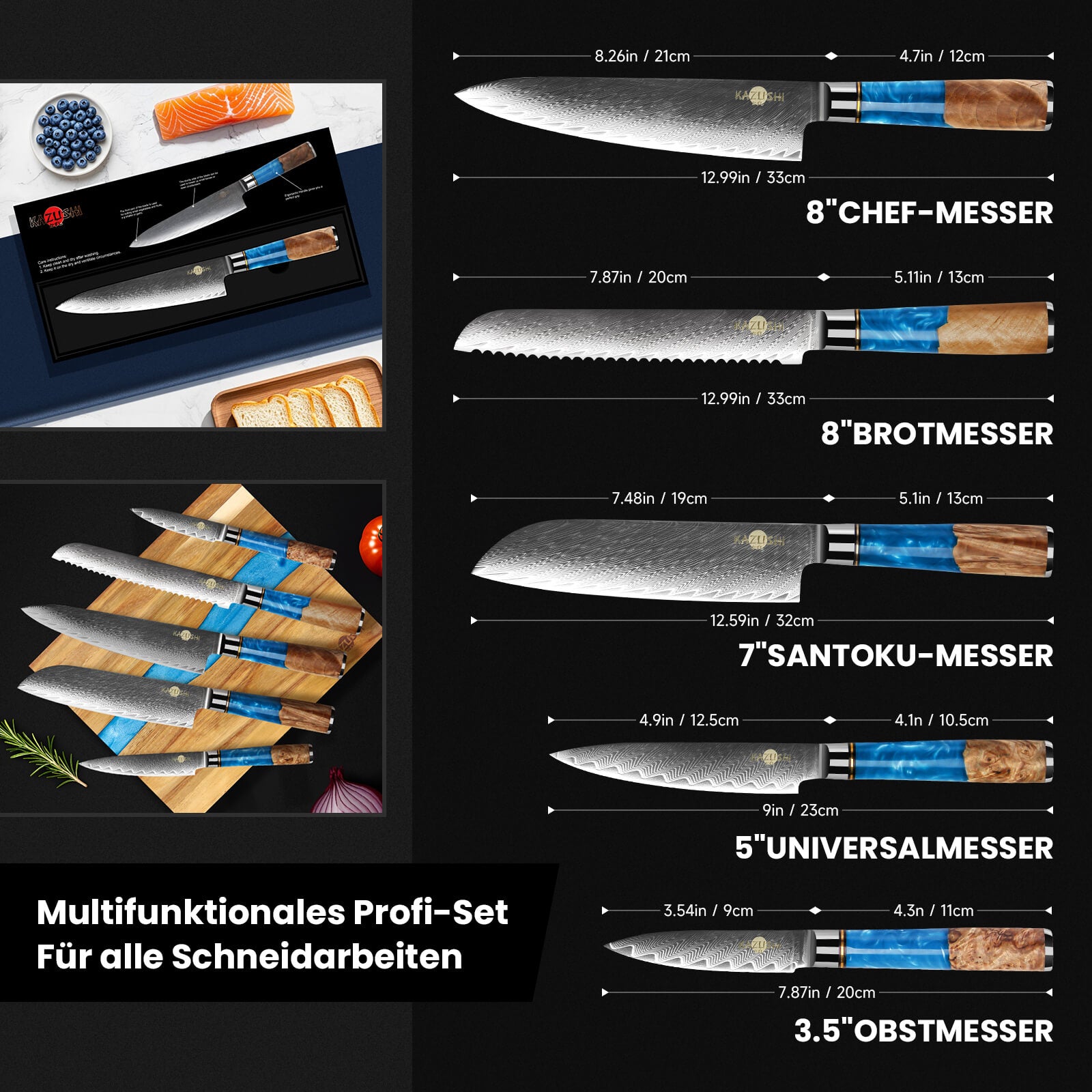 5-teiliges Profi Kochmesser Set – Superscharf, ergonomisch, rostfrei – Chefmesser, Santoku, Brotmesser, Universalmesser