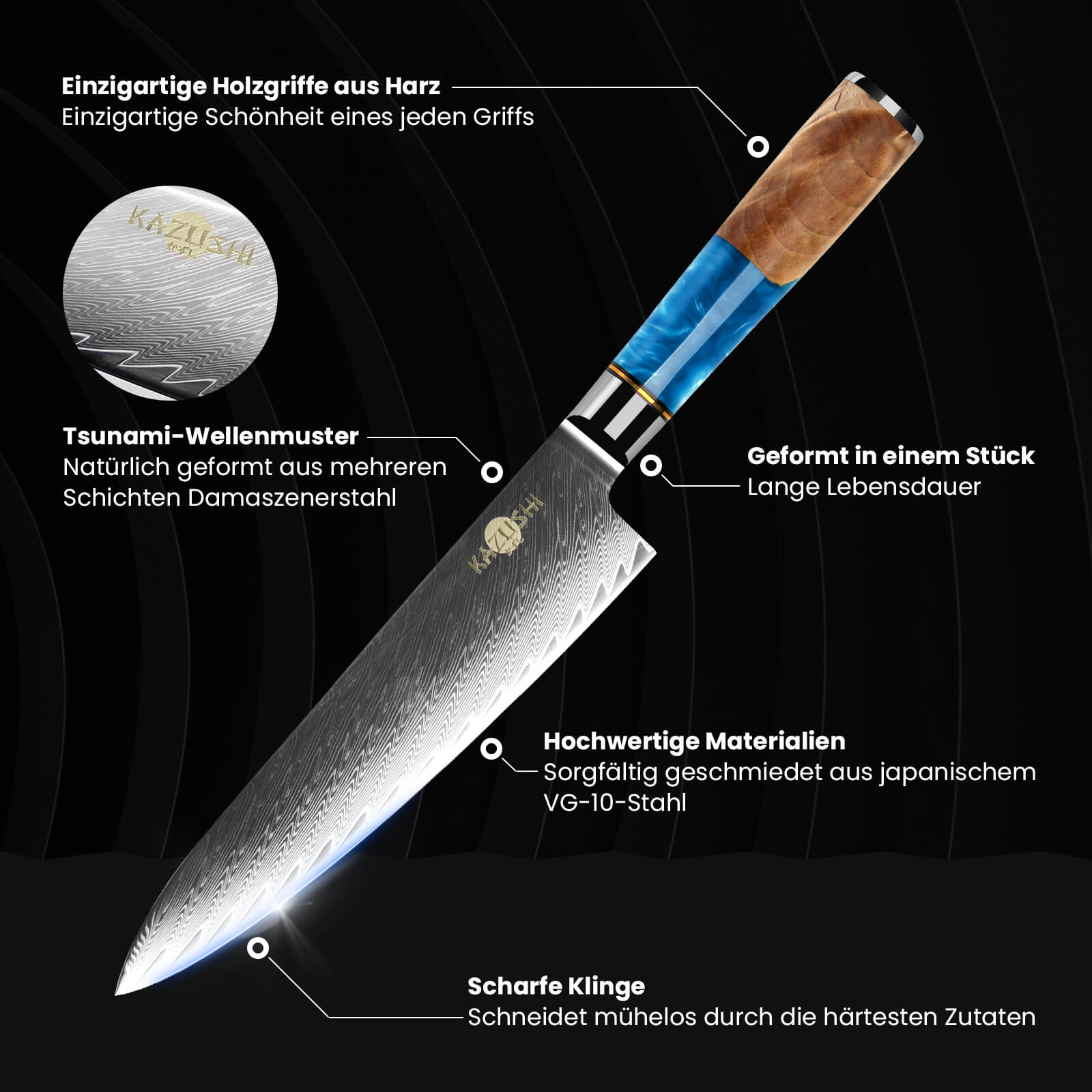 5-teiliges Profi Kochmesser Set – Superscharf, ergonomisch, rostfrei – Chefmesser, Santoku, Brotmesser, Universalmesser