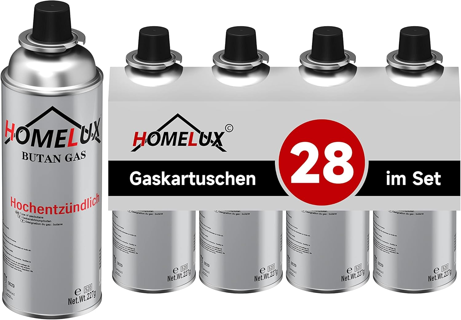 HOMELUX Gaskartuschen 227g, Butan mit Bajonett Ventil, für Campingkocher, Gaskocher, Gasheizung, Gasbrenner, Lötbrenner