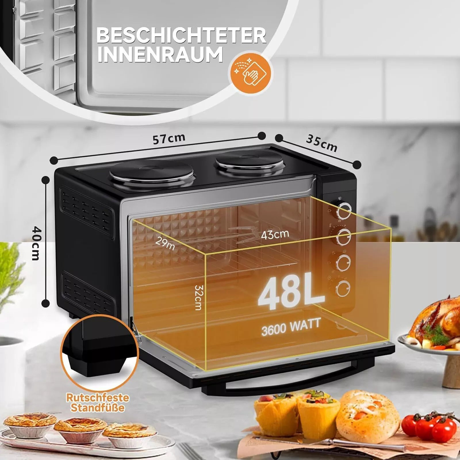 Mini oven with hotplates and rotisserie 48L mini oven 3600W pizza oven