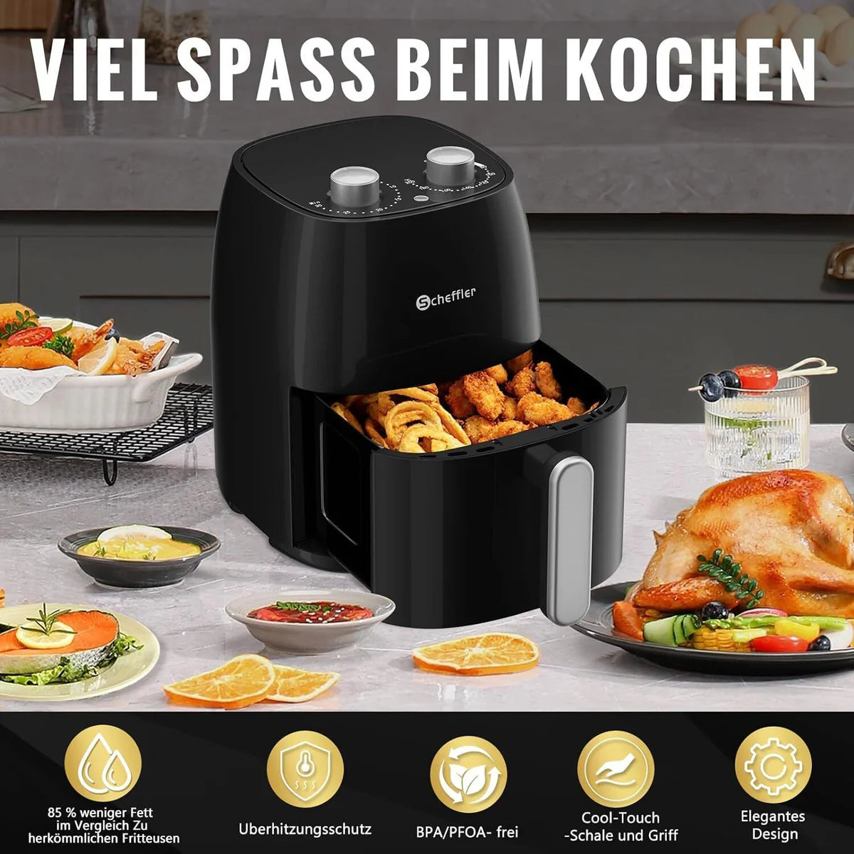 Scheffler Heißluftfritteuse Klein 4L 1500W Airfryer Mini fritteuse Kleine Größe Fritöse