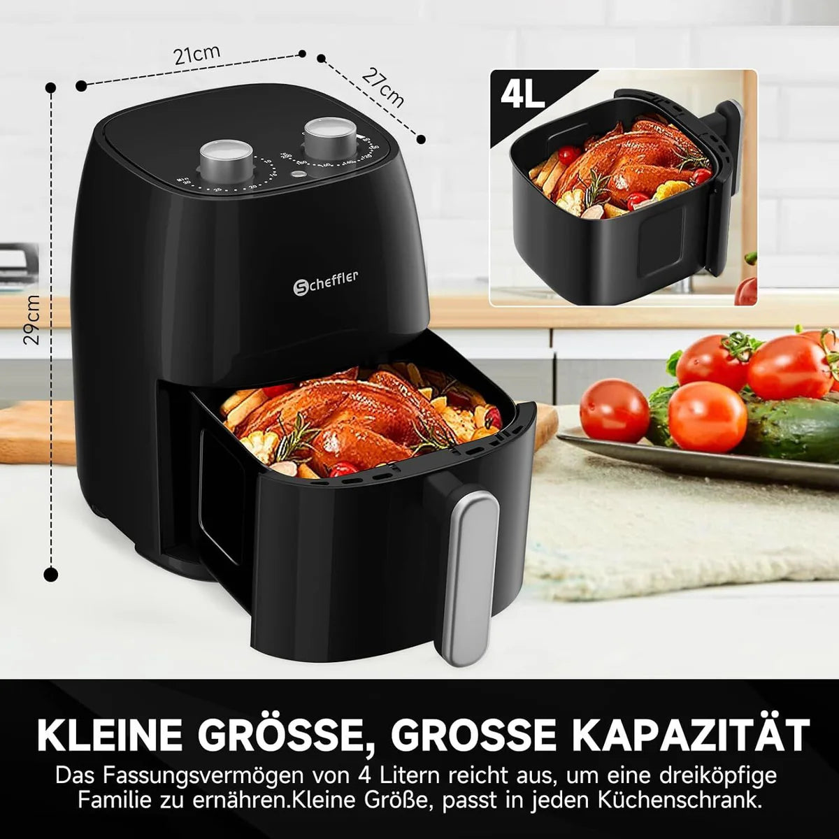 Scheffler Heißluftfritteuse Klein 4L 1500W Airfryer Mini fritteuse Kleine Größe Fritöse