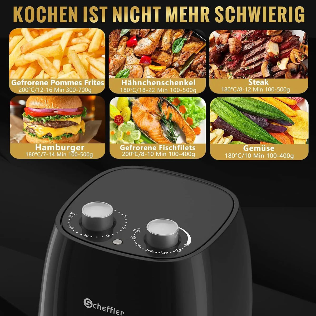 Scheffler Heißluftfritteuse Klein 4L 1500W Airfryer Mini fritteuse Kleine Größe Fritöse