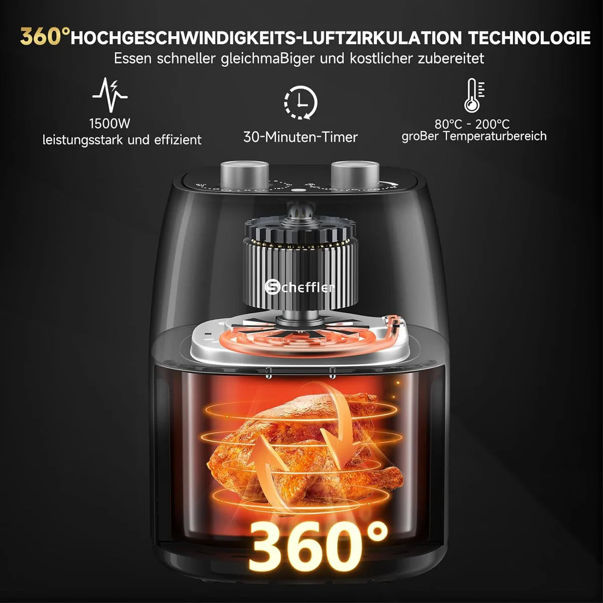 Scheffler Heißluftfritteuse Klein 4L 1500W Airfryer Mini fritteuse Kleine Größe Fritöse