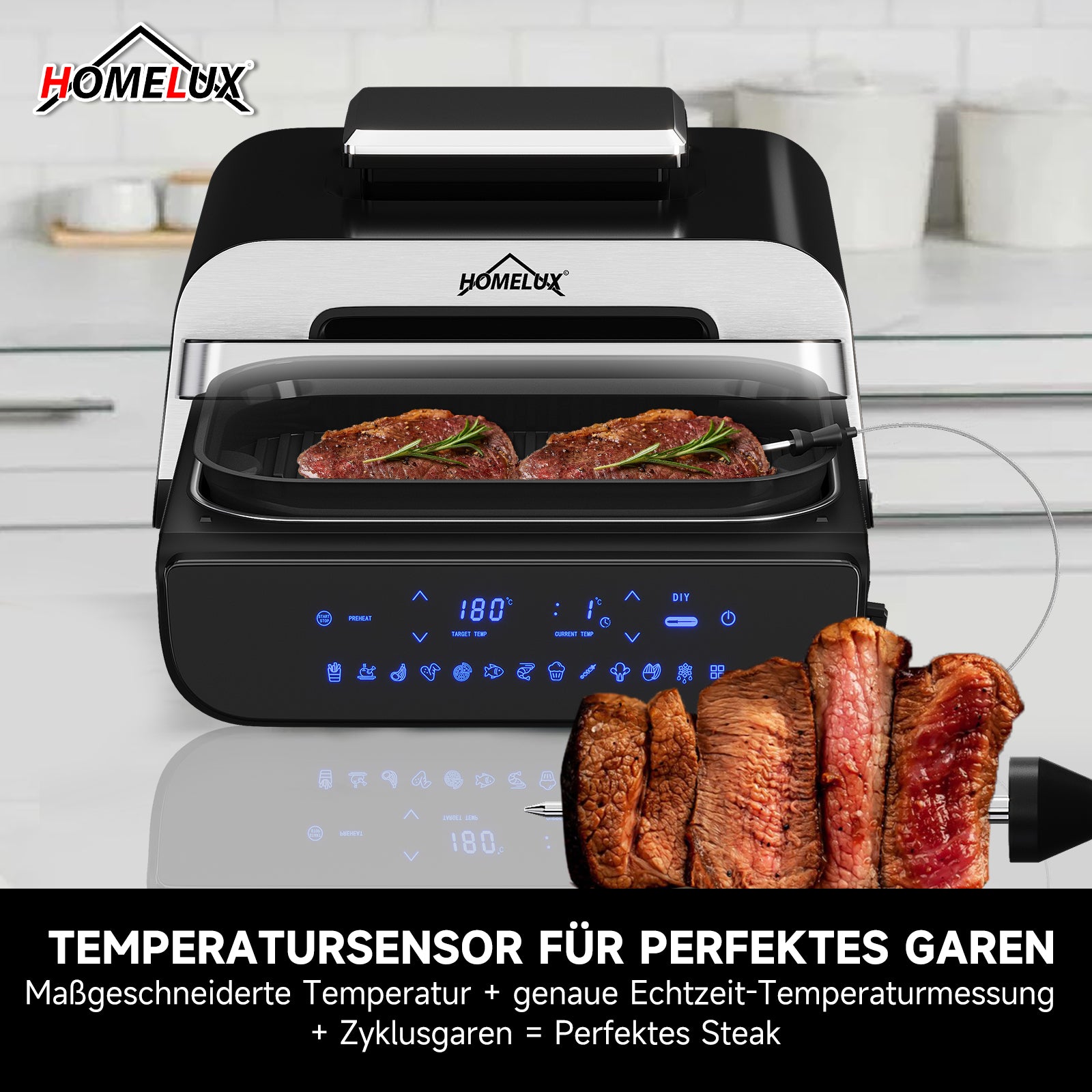 6-Funktionen HOMELUX Fritteuse, Kontaktgrill, Digital, Touch, bis 230°C