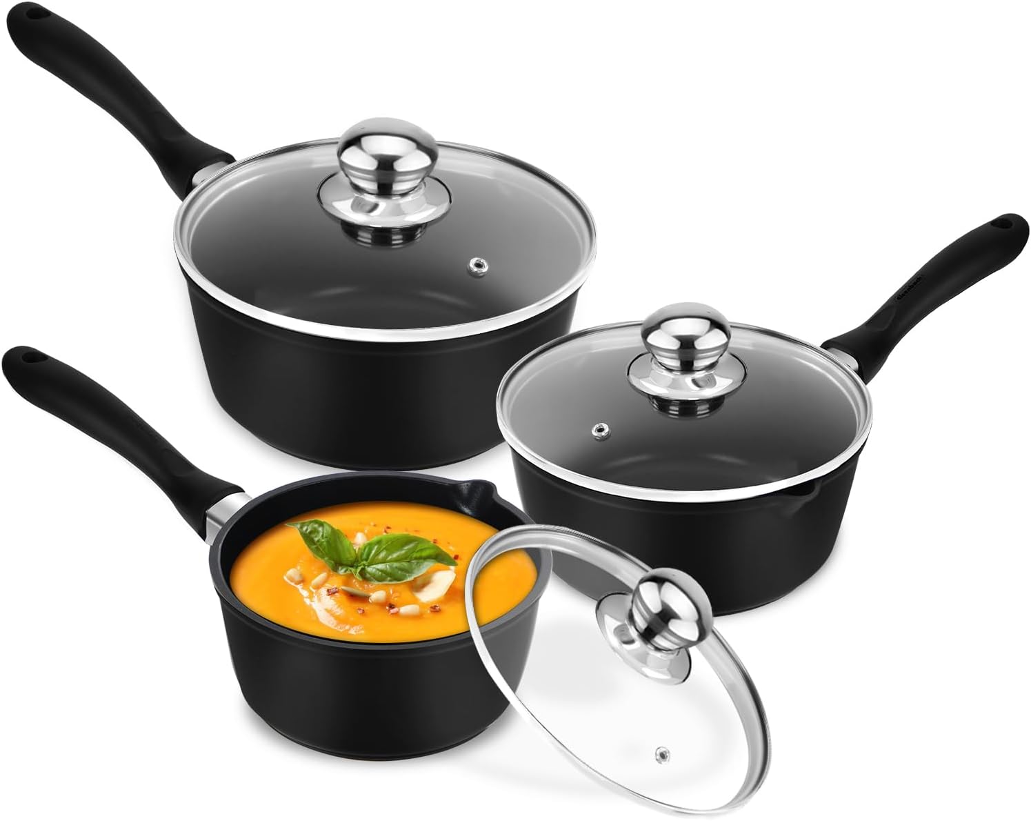 Induction cooking pot set EB 3-piece: milk pot Ø16/18/20 cm, glass lid, non-stick coating, saucepan, milk pot, saucepan