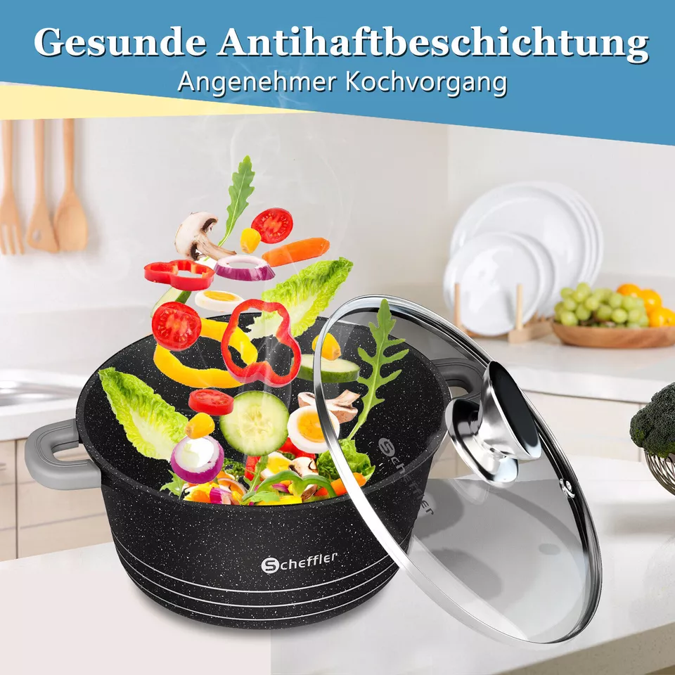 Scheffler Topfset mit Glasdeckel Kochtopf Set Induktions Töpfe Set, 2.2L/24cm,4L/28cm,6L,Töpfe Set, mit Antihaftbeschichtung