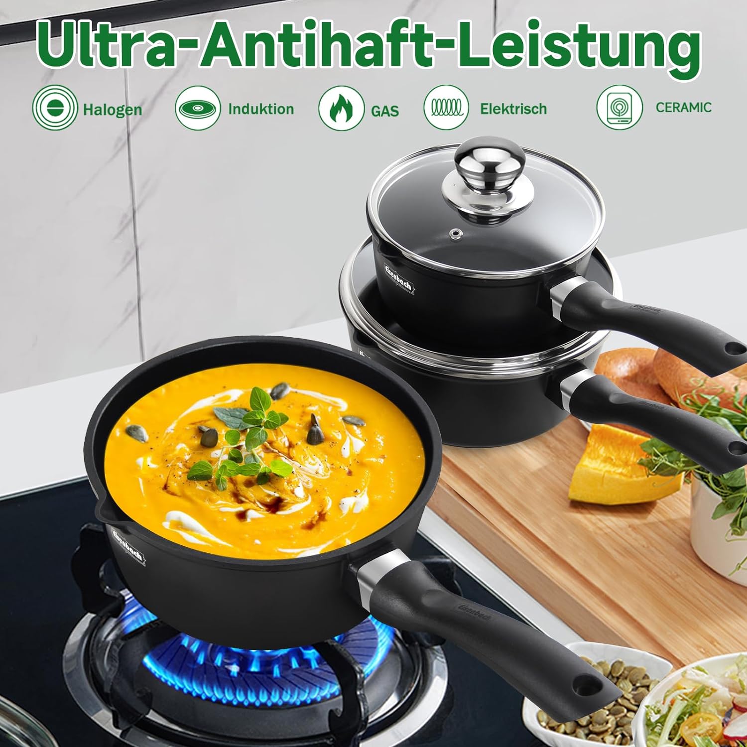 Induction cooking pot set EB 3-piece: milk pot Ø16/18/20 cm, glass lid, non-stick coating, saucepan, milk pot, saucepan