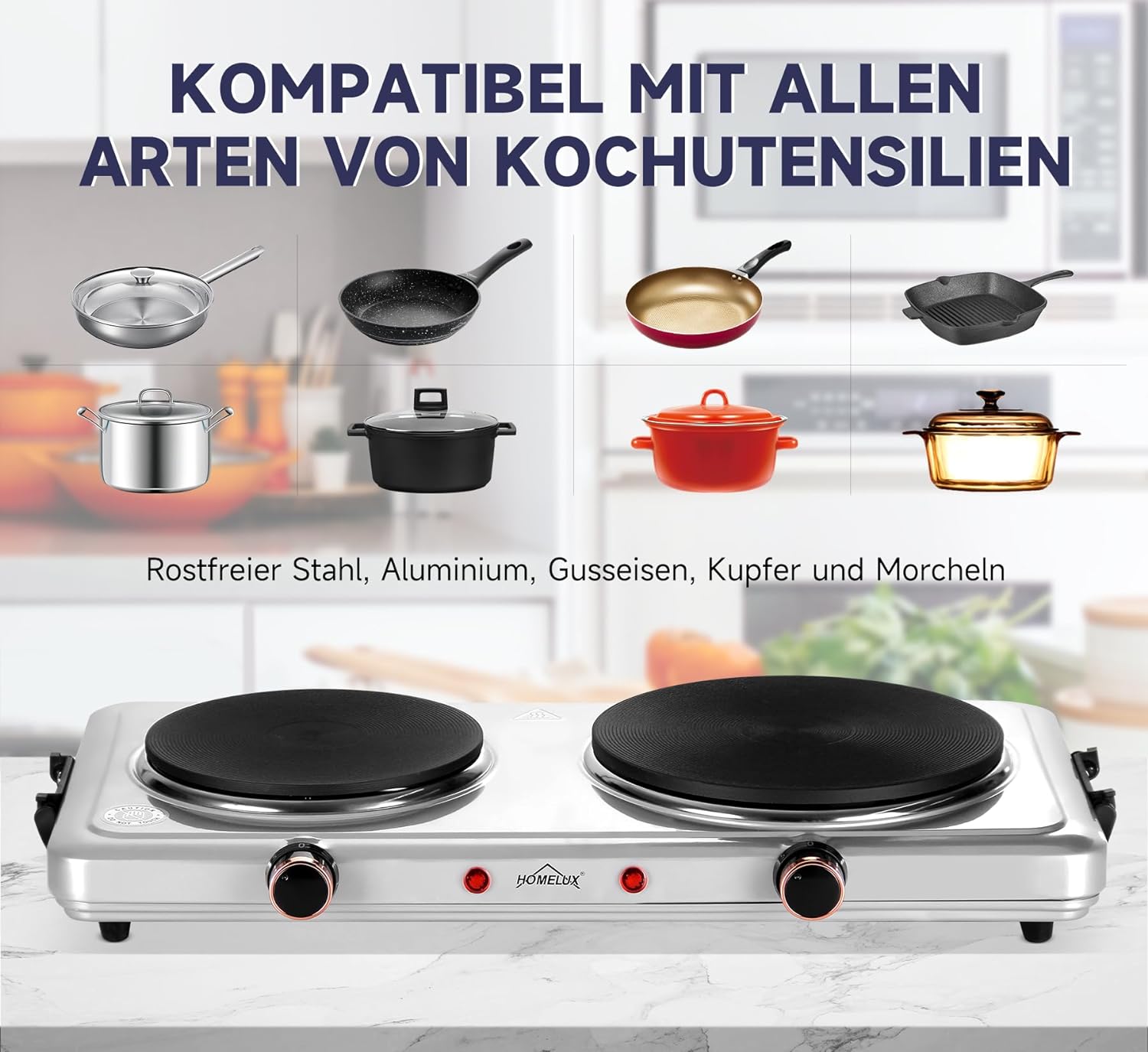Edelstahl-Kochfeld, Homelux 1500W, Küche, Büro, Camping, 5 Heizstufen