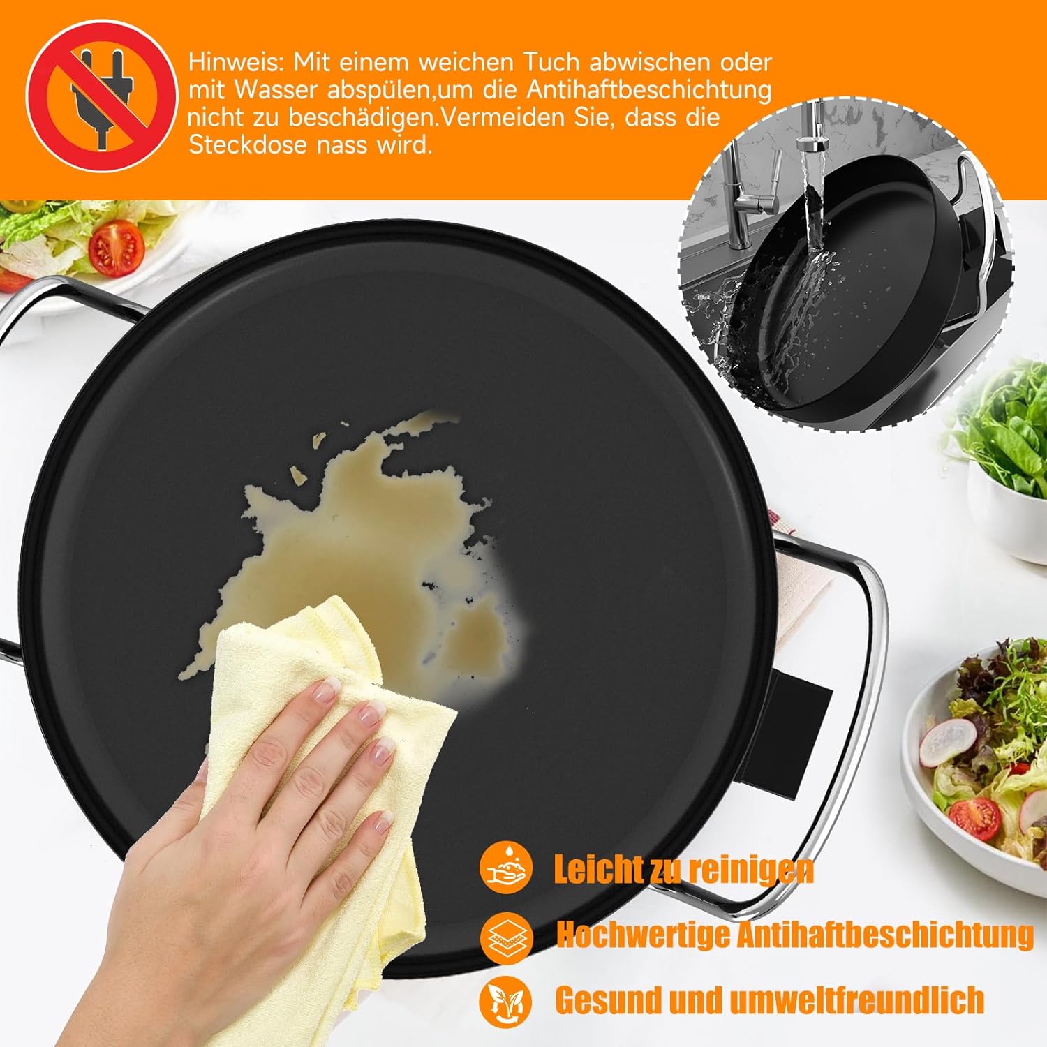 Scheffler Elektrische Pfanne: 5 Temperatureinstellungen, Pizzapfanne, Multifunktionspfanne mit Antihaftbeschichtung und Deckel