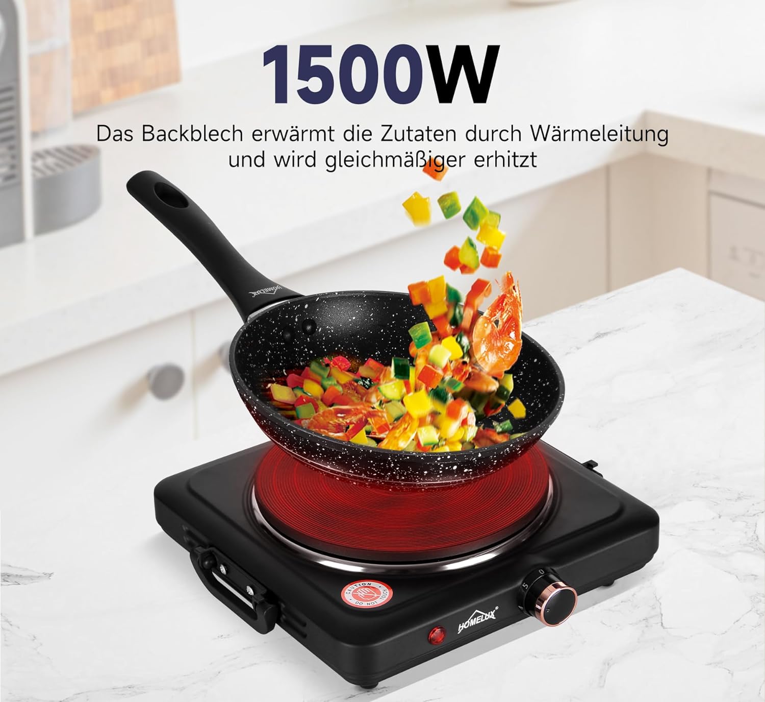 1500W Homelux Kochfeld: 5 einstellbare Stufen, Edelstahl, Küche, Büro, Camping