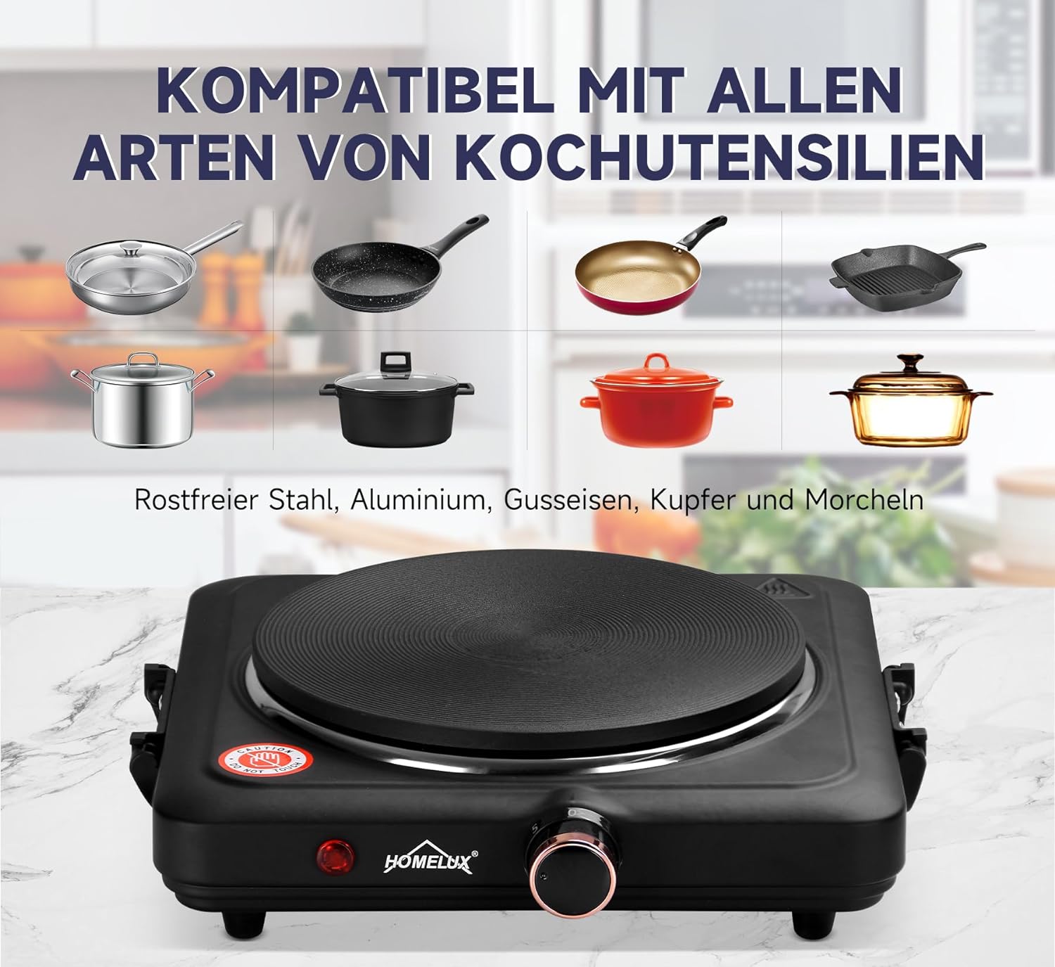 Homelux 1500W: Kochplatte mit 5 Stufen, Edelstahl, für Küche, Büro, Camping