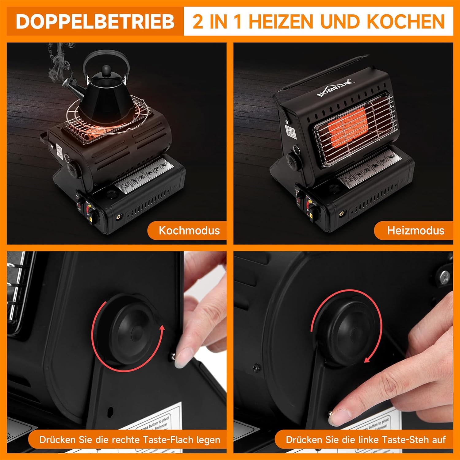 Tragbarer Gasheizer mit einfachem Drehknopf – Für präzise Temperaturregulierung.