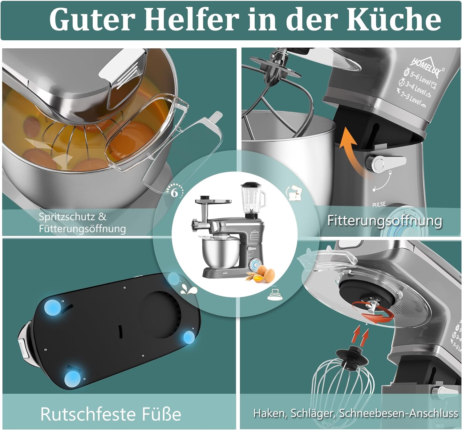 HOMELUX 3-in-1 Küchenmaschine  6L / 5L Fleischwolf, Knetmaschine, 6-stufiger Mixer, 1.5L Saftpresse, Edelstahlschüssel