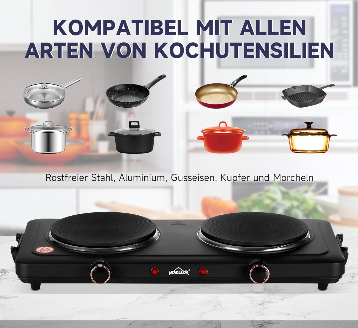 Edelstahl-Kochfeld, 5 Stufen, Homelux 1500W Herdplatte