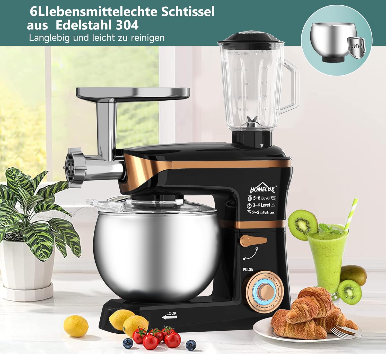 HOMELUX 3-in-1 Küchenmaschine  6L / 5L Fleischwolf, Knetmaschine, 6-stufiger Mixer, 1.5L Saftpresse, Edelstahlschüssel