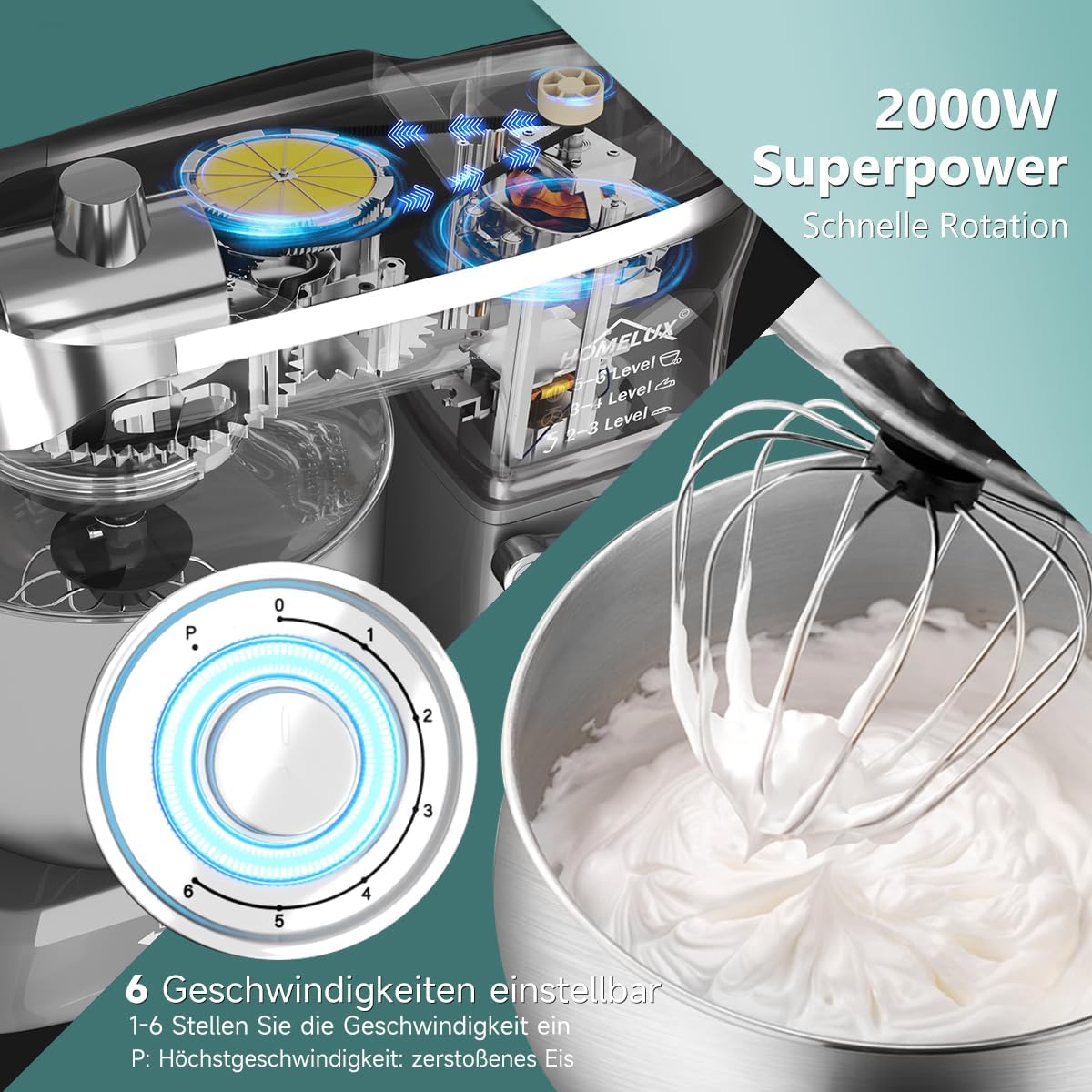 HOMELUX 3-in-1 Küchenmaschine  6L / 5L Fleischwolf, Knetmaschine, 6-stufiger Mixer, 1.5L Saftpresse, Edelstahlschüssel
