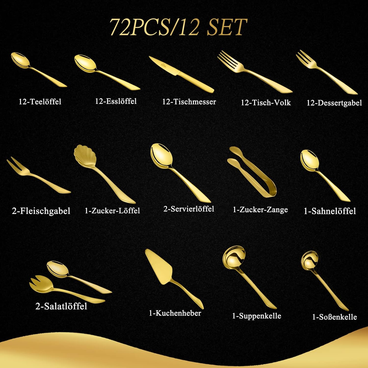 72-teiliges Besteckset aus glänzendem 18/10-Edelstahl für 12 Personen. Spülmaschinenfest & langlebig. Perfekt für jede Gelegenheit