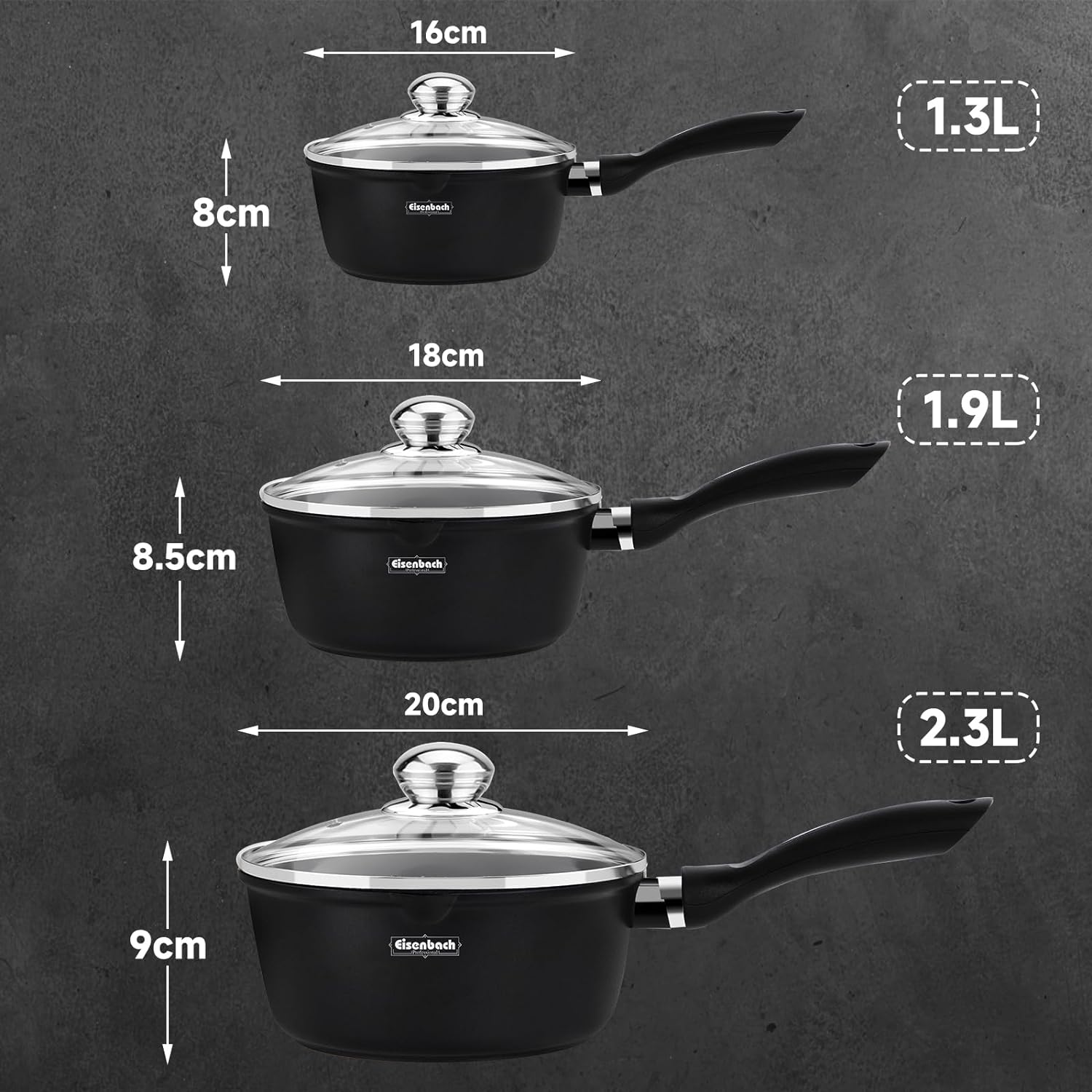 Induction cooking pot set EB 3-piece: milk pot Ø16/18/20 cm, glass lid, non-stick coating, saucepan, milk pot, saucepan