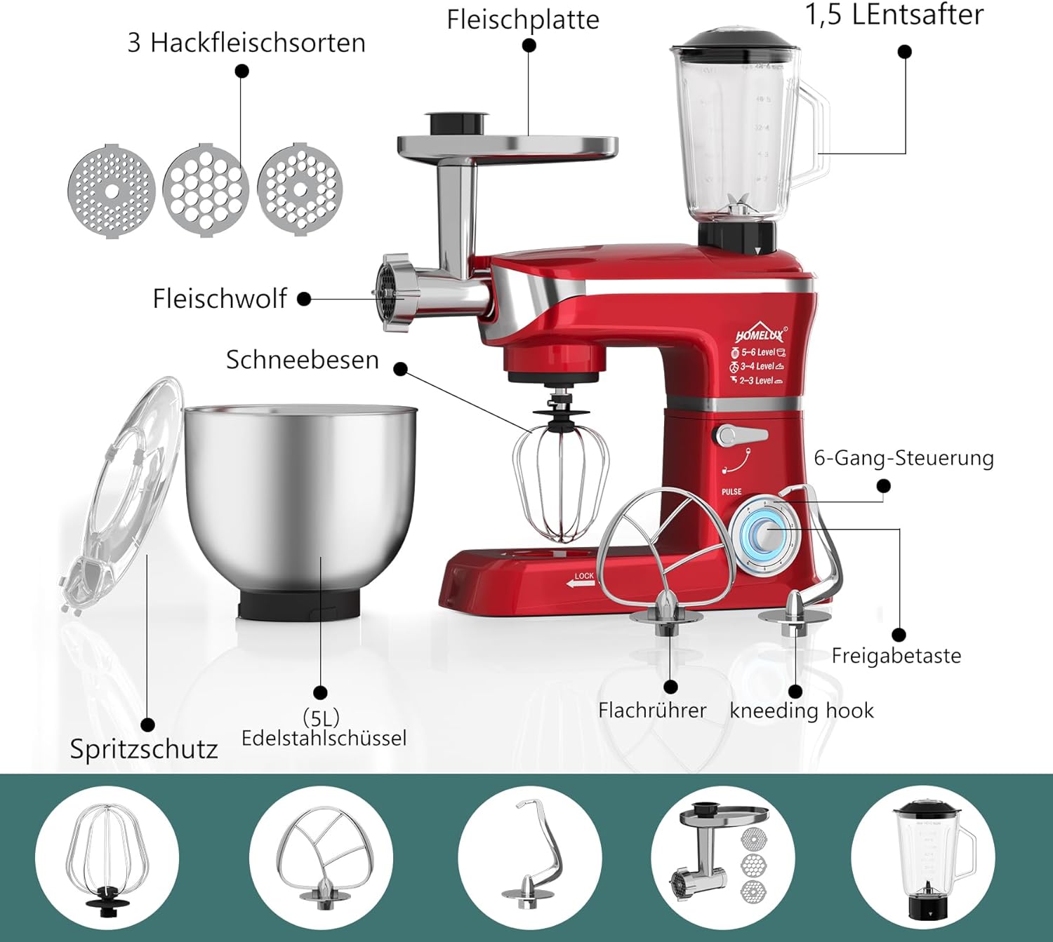HOMELUX 3-in-1 Küchenmaschine  6L / 5L Fleischwolf, Knetmaschine, 6-stufiger Mixer, 1.5L Saftpresse, Edelstahlschüssel