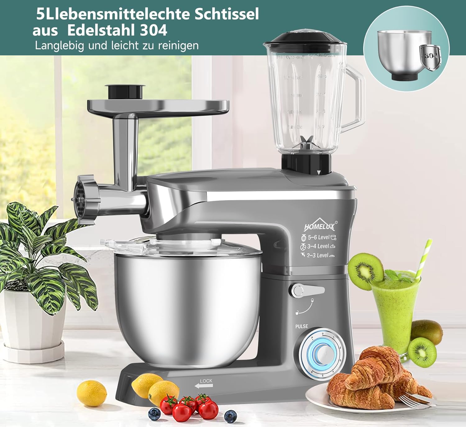 HOMELUX 3-in-1 Küchenmaschine  6L / 5L Fleischwolf, Knetmaschine, 6-stufiger Mixer, 1.5L Saftpresse, Edelstahlschüssel