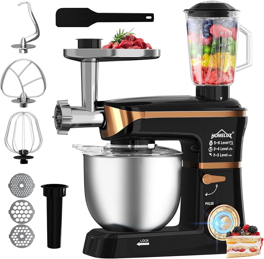 HOMELUX 3-in-1 Küchenmaschine  6L / 5L Fleischwolf, Knetmaschine, 6-stufiger Mixer, 1.5L Saftpresse, Edelstahlschüssel
