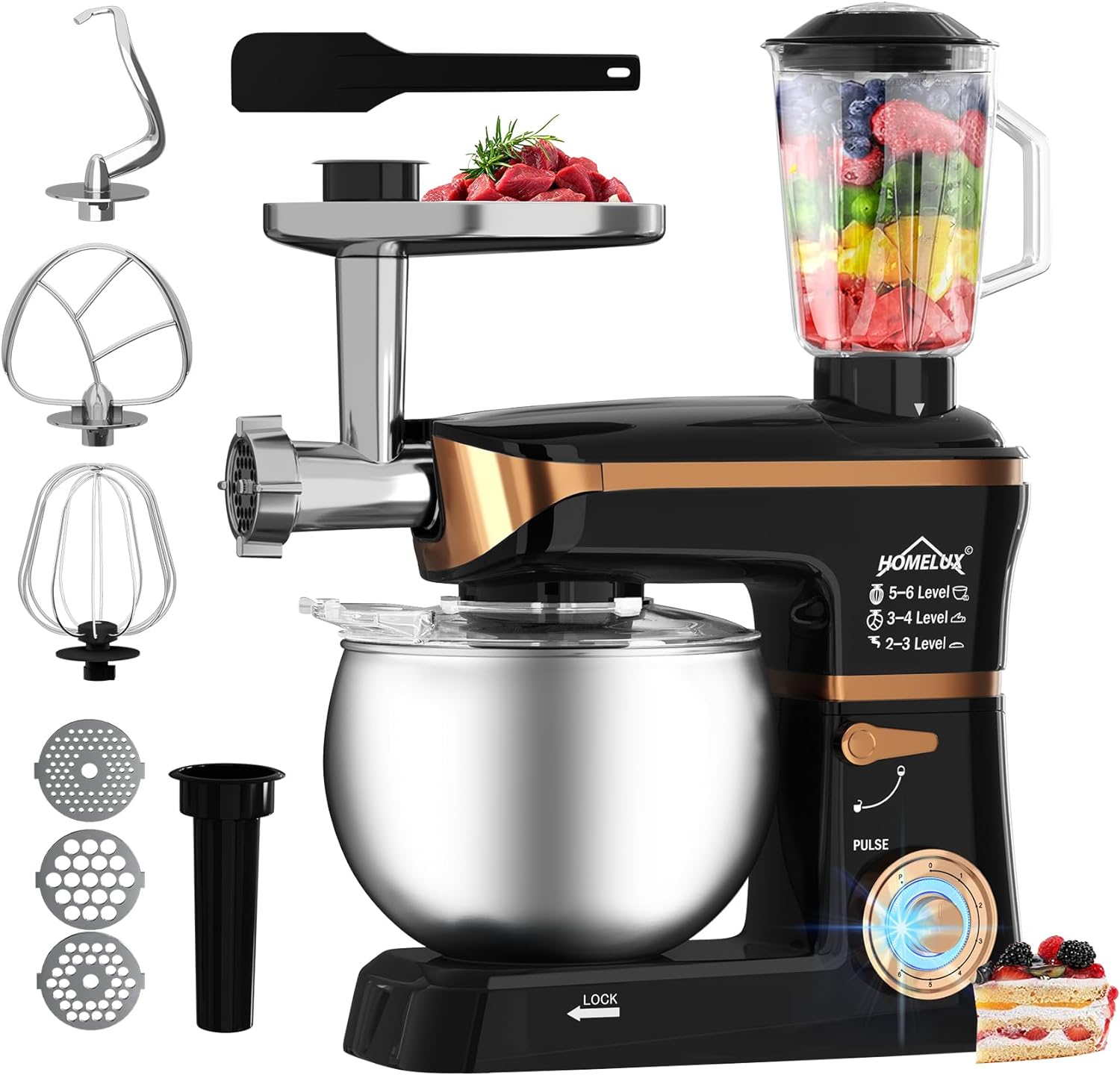 HOMELUX 3-in-1 Küchenmaschine  6L / 5L Fleischwolf, Knetmaschine, 6-stufiger Mixer, 1.5L Saftpresse, Edelstahlschüssel
