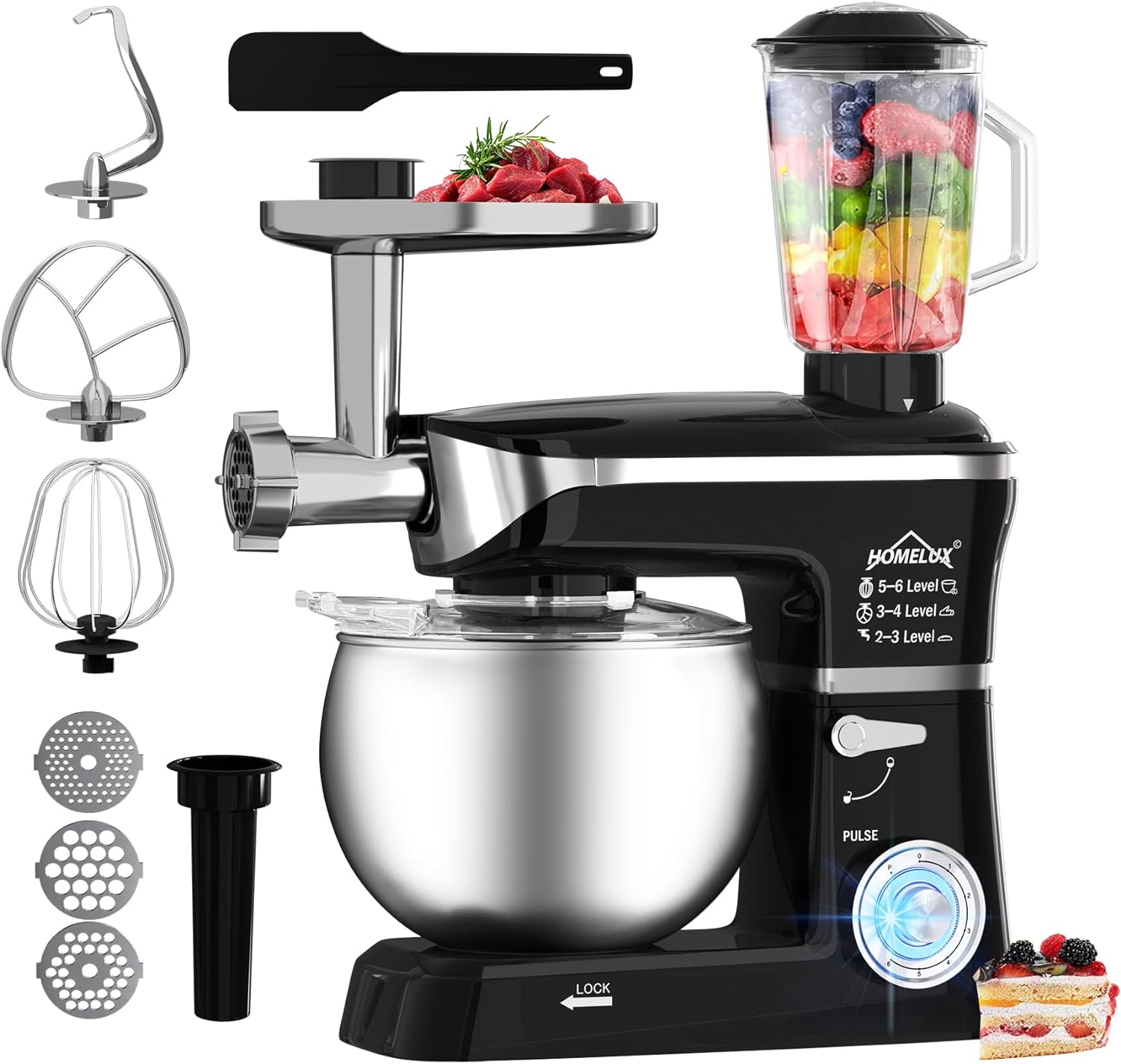 HOMELUX 3-in-1 Küchenmaschine  6L / 5L Fleischwolf, Knetmaschine, 6-stufiger Mixer, 1.5L Saftpresse, Edelstahlschüssel
