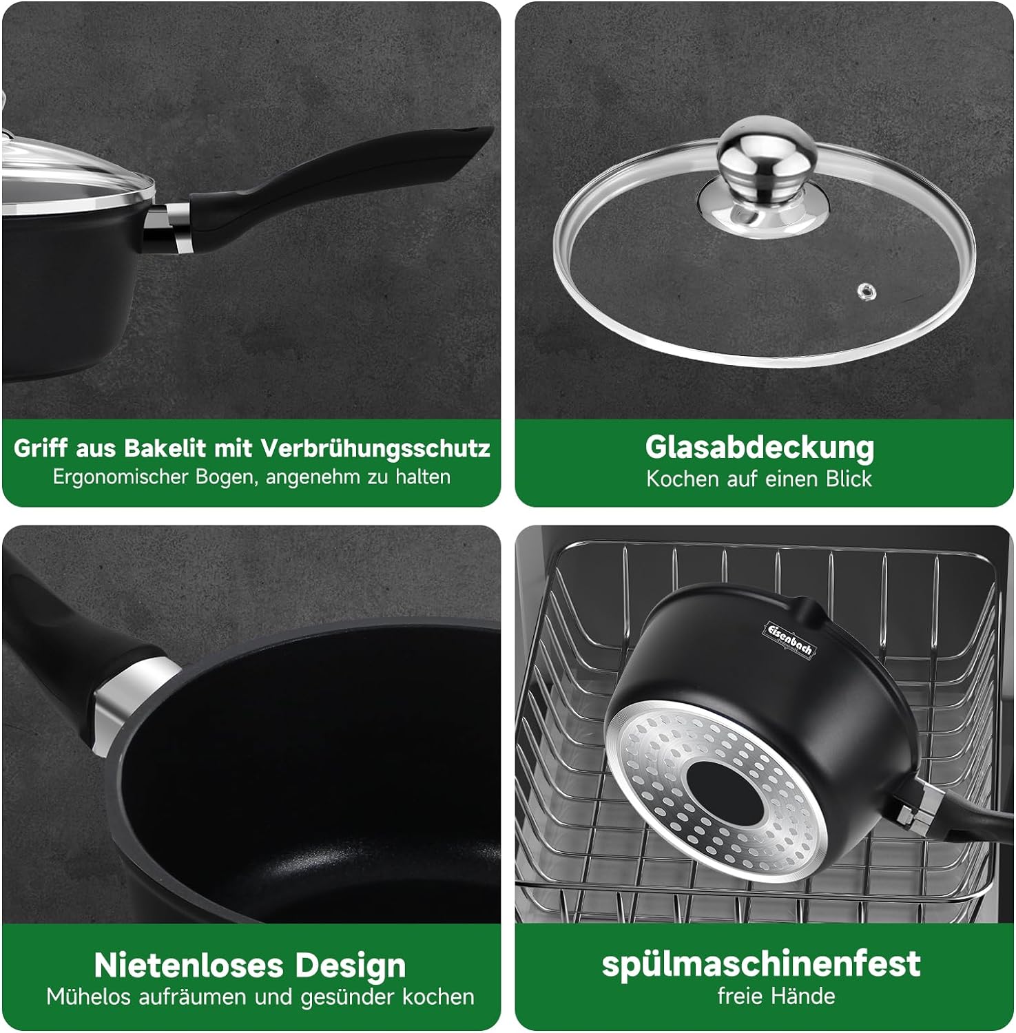 Induction cooking pot set EB 3-piece: milk pot Ø16/18/20 cm, glass lid, non-stick coating, saucepan, milk pot, saucepan