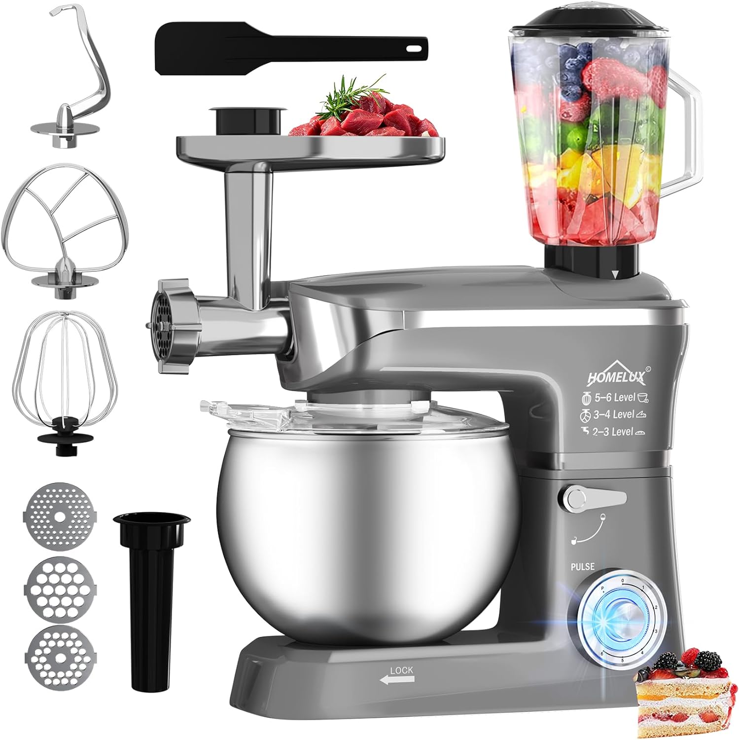 HOMELUX 3-in-1 Küchenmaschine  6L / 5L Fleischwolf, Knetmaschine, 6-stufiger Mixer, 1.5L Saftpresse, Edelstahlschüssel
