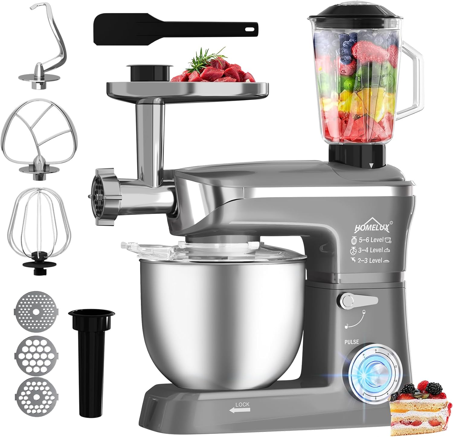 HOMELUX 3-in-1 Küchenmaschine  6L / 5L Fleischwolf, Knetmaschine, 6-stufiger Mixer, 1.5L Saftpresse, Edelstahlschüssel