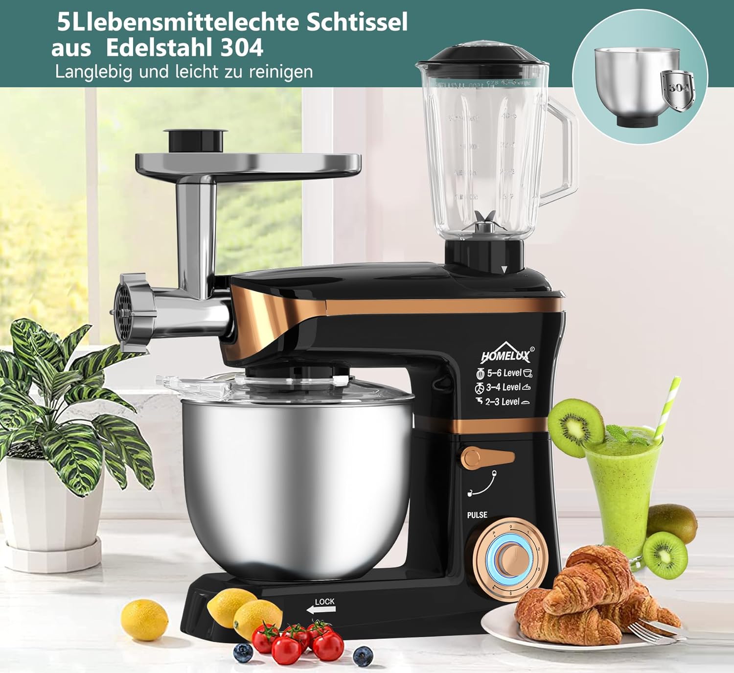 HOMELUX 3-in-1 Küchenmaschine  6L / 5L Fleischwolf, Knetmaschine, 6-stufiger Mixer, 1.5L Saftpresse, Edelstahlschüssel