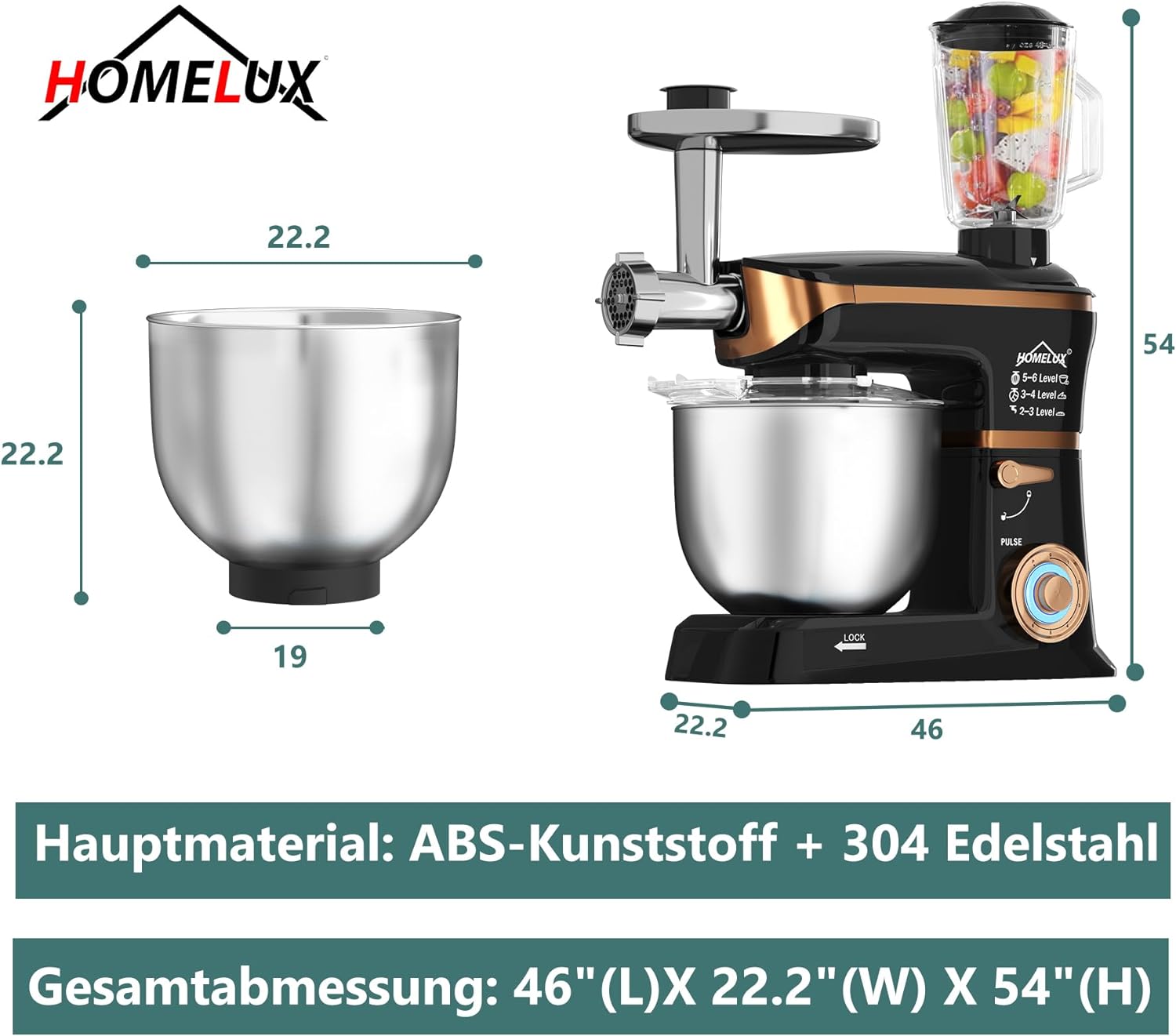 HOMELUX 3-in-1 Küchenmaschine  6L / 5L Fleischwolf, Knetmaschine, 6-stufiger Mixer, 1.5L Saftpresse, Edelstahlschüssel