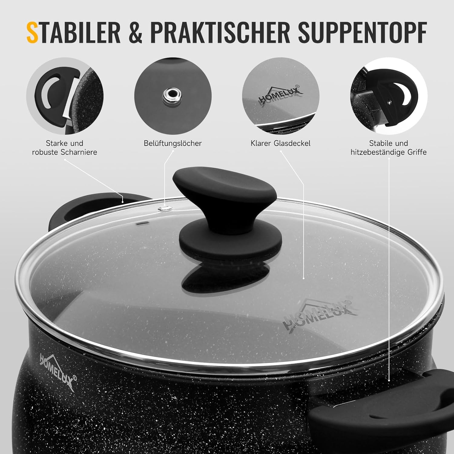 Homelux cooking pots set, induction, non-stick, dishwasher, glass lid, 20cm/4L, 24cm/8L, 28cm/12.5L