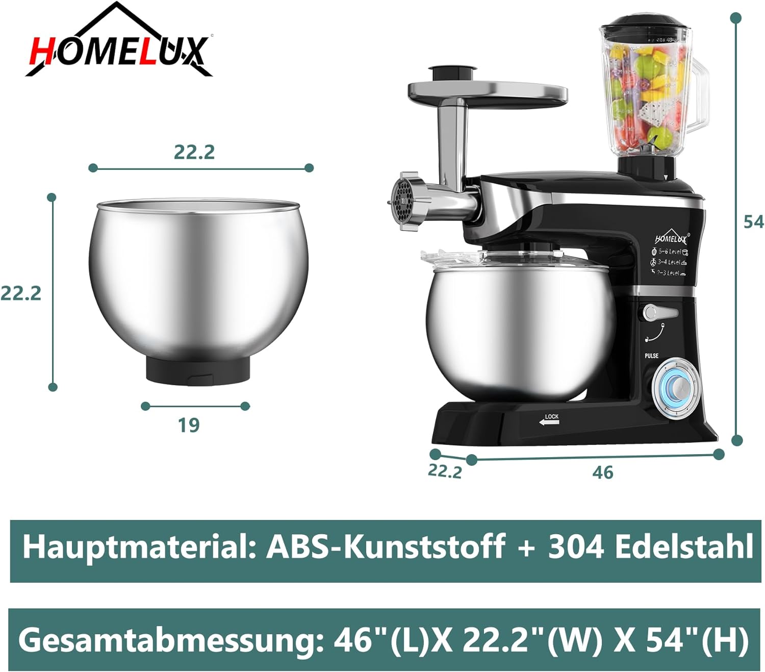 HOMELUX 3-in-1 Küchenmaschine  6L / 5L Fleischwolf, Knetmaschine, 6-stufiger Mixer, 1.5L Saftpresse, Edelstahlschüssel