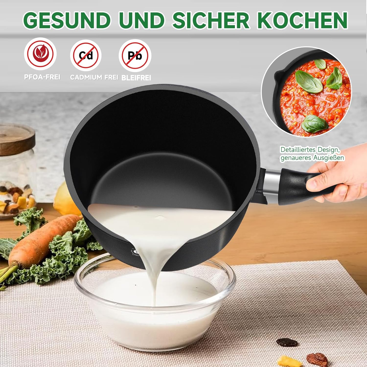 Induction cooking pot set EB 3-piece: milk pot Ø16/18/20 cm, glass lid, non-stick coating, saucepan, milk pot, saucepan