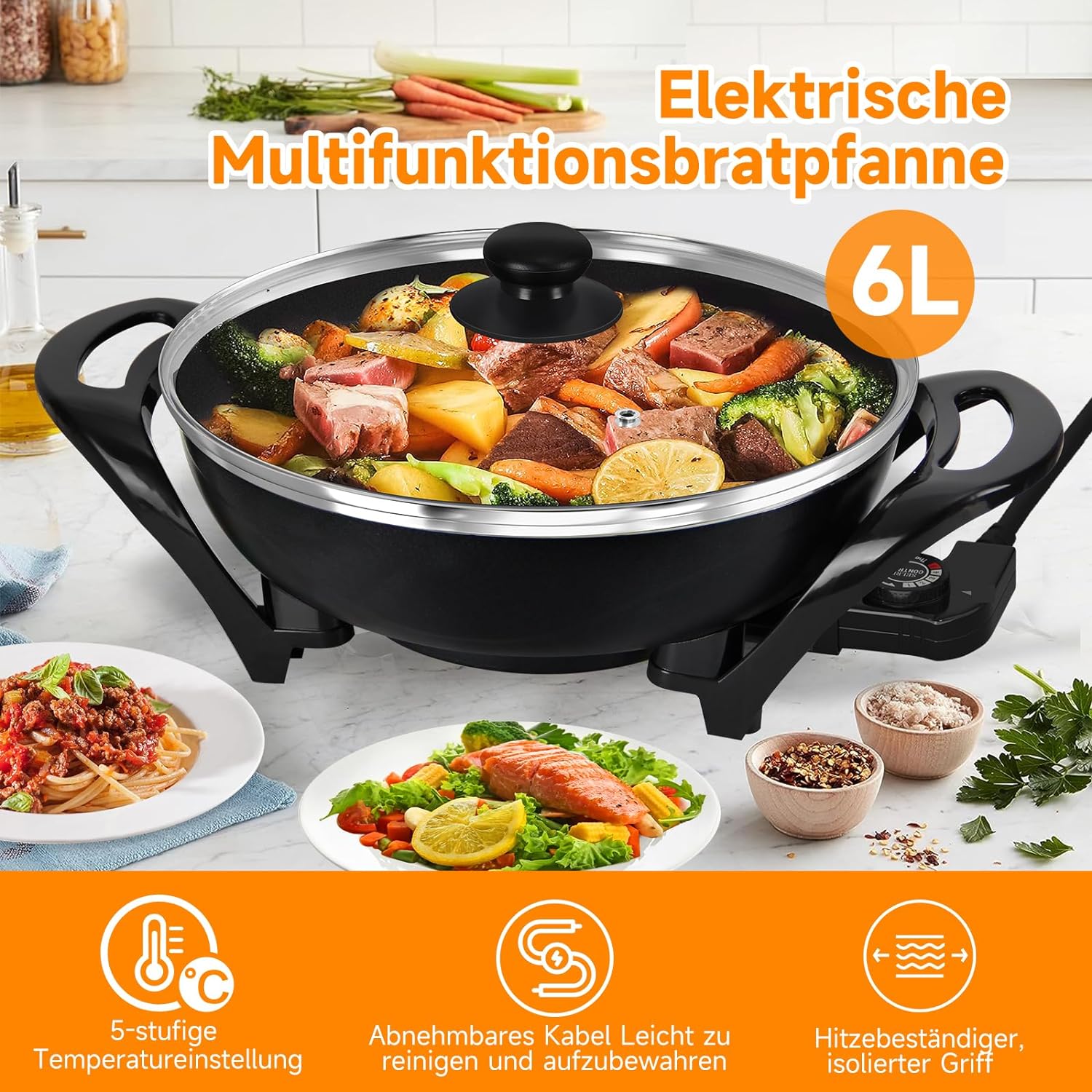Dampfen, Schmoren, Grillen und Braten – HOMELUX Elektropfanne für alle Kochmethoden