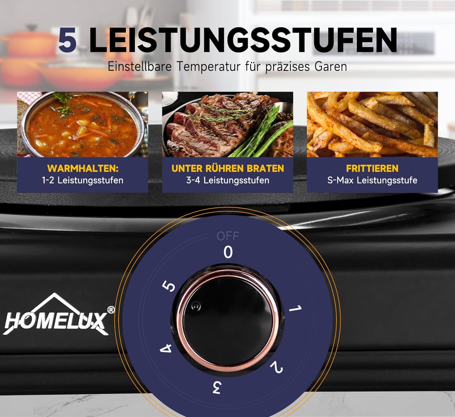 Küche, Büro, Camping: Homelux 1500W Kochplatte, 5 Heizstufen, Edelstahl