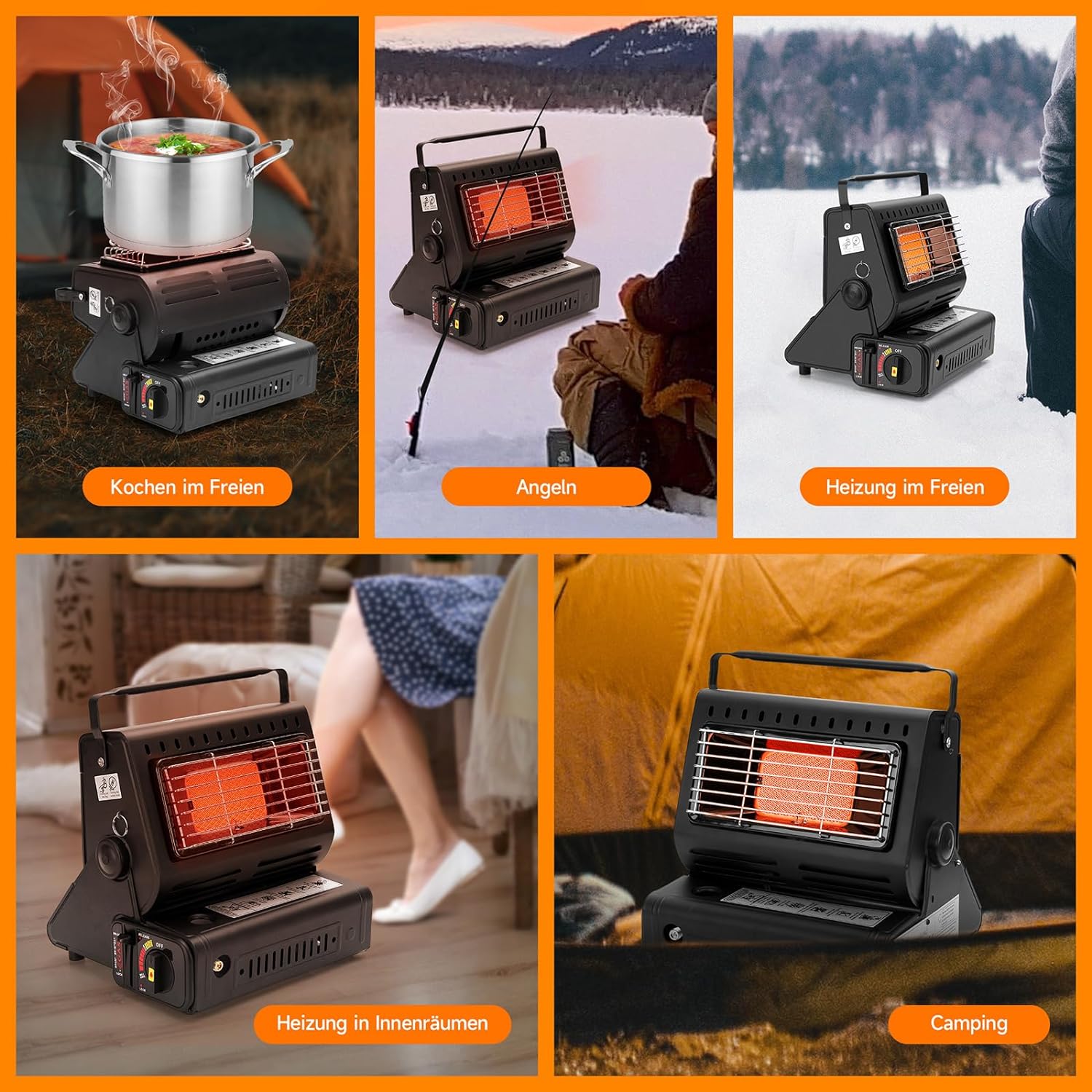 Multifunktionaler Gasheizer für Outdoor – Heizt und kocht in einem Gerät.