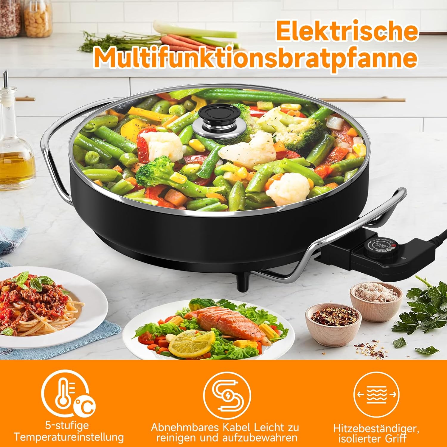 Scheffler Elektrische Pfanne: 5 Temperatureinstellungen, Pizzapfanne, Multifunktionspfanne mit Antihaftbeschichtung und Deckel