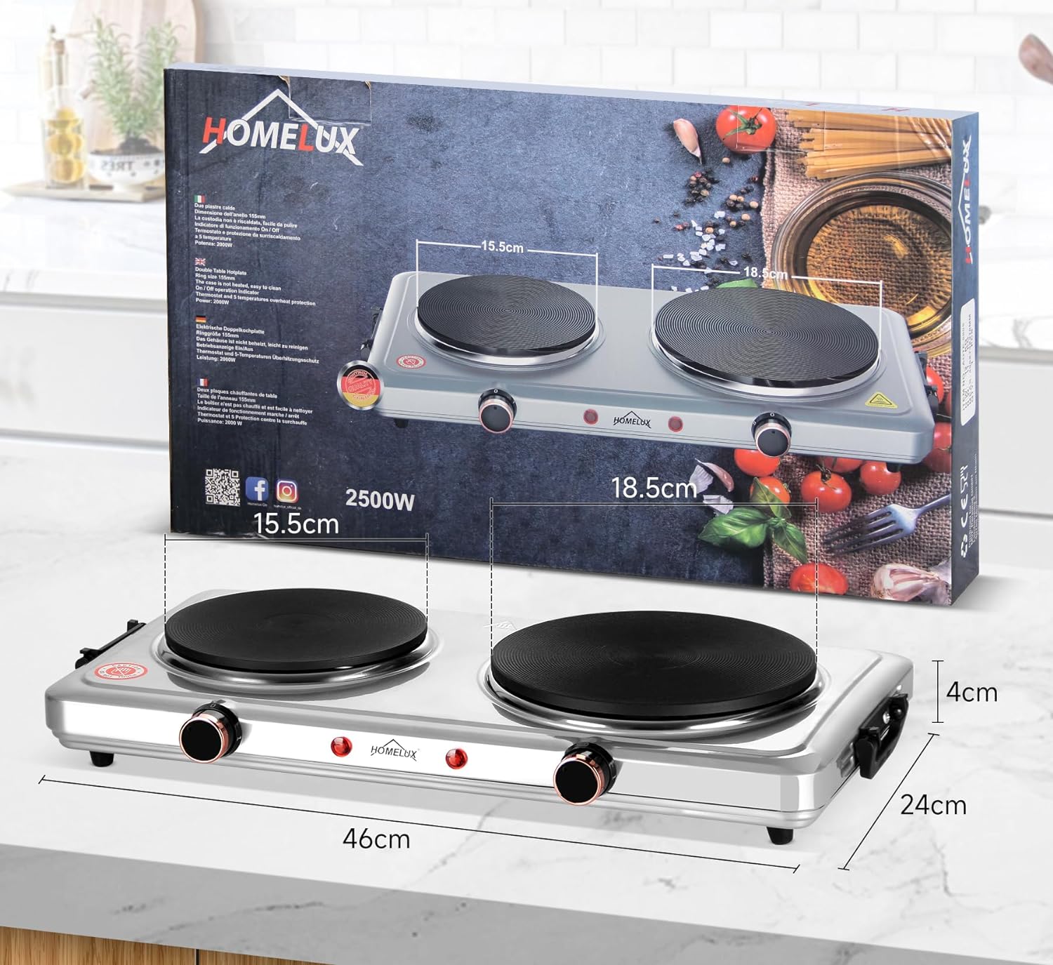 Küche, Büro, Camping: 1500W Homelux Kochfeld, 5 Stufen, Edelstahl