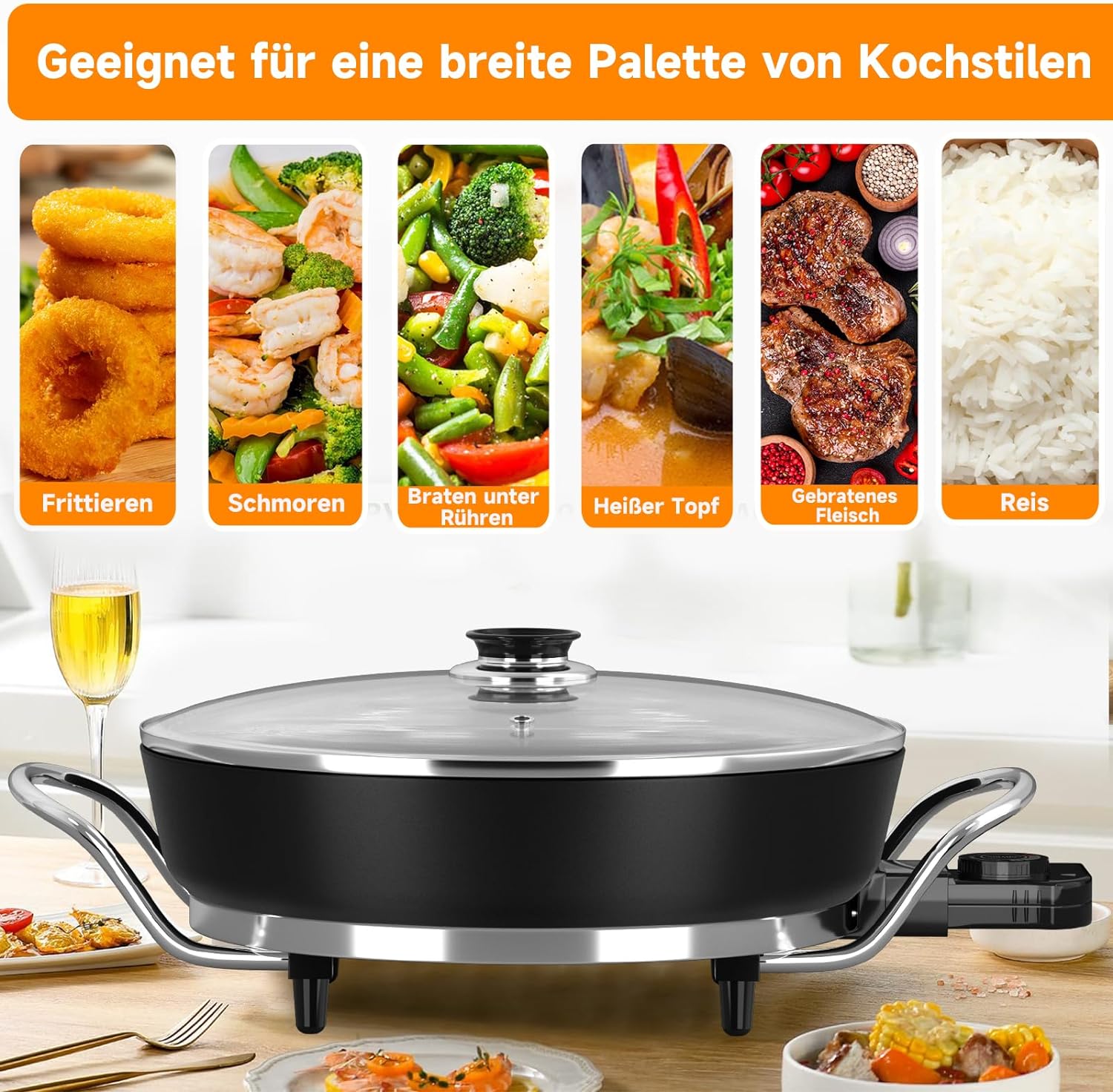 Scheffler Elektrische Pfanne: 5 Temperatureinstellungen, Pizzapfanne, Multifunktionspfanne mit Antihaftbeschichtung und Deckel